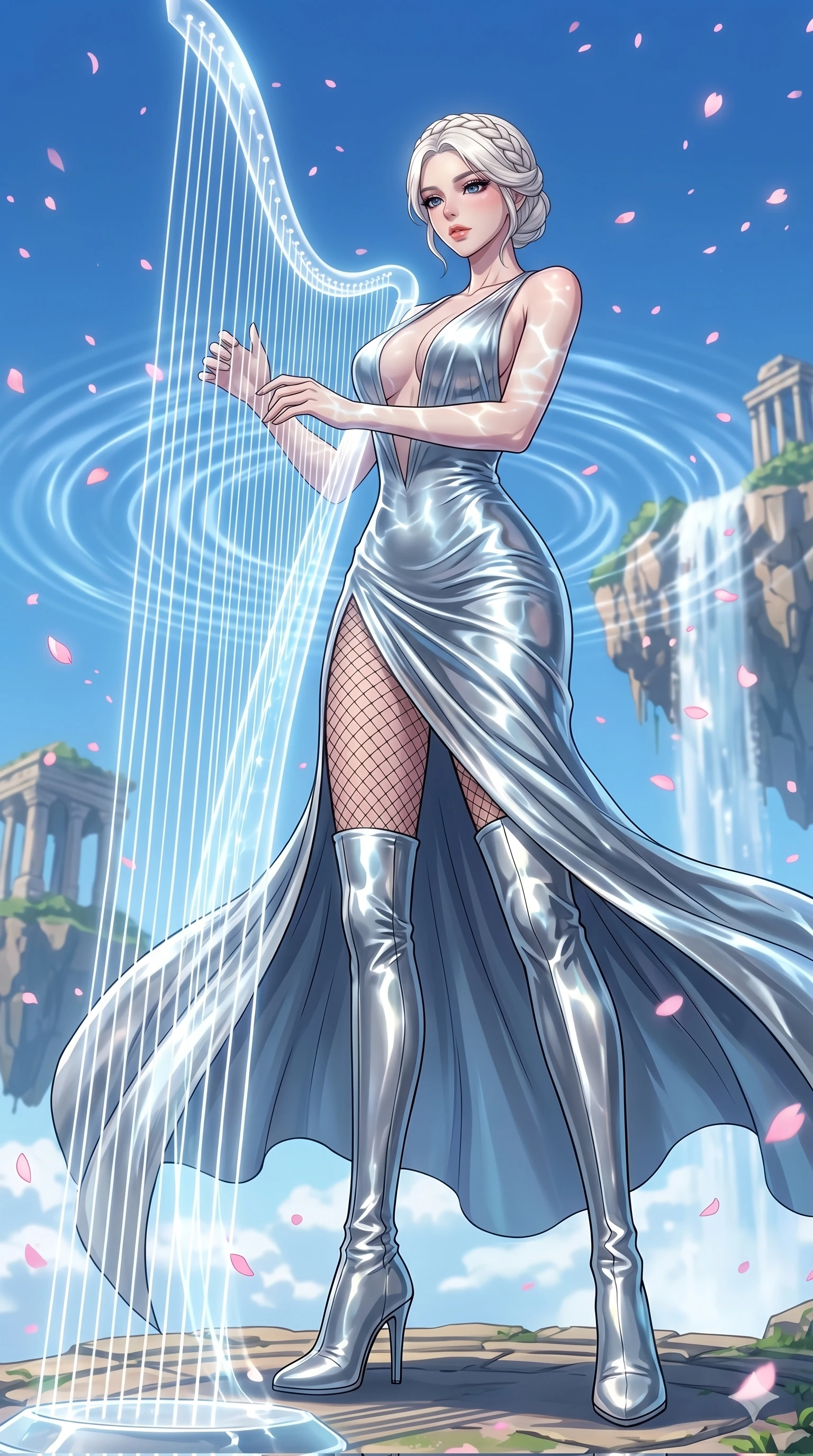 score_9, masterpiece, best quality, ultra-detailed, High-budget Anime Keyframe, vibrant colors, fluid line-art, expressive lighting, cinematic composition, Ufotable-style visual effects, top-tier animation quality, Korean woman with idol-like refined features. Cinematic low angle perspective showcasing her towering height and perfect 8-heads proportion. Playing a celestial harp made of strings of pure light, the music creating ripples in the atmosphere around her. She has an absolutely perfect 8-heads proportion, an exceptionally tall and slender female figure with impossibly long slender legs and an ultra-slim waist, her statuesque height and towering silhouette dominating the vertical 9:16 frame. Her face is a masterpiece featuring a sharp v-shaped jawline, high-bridge nose, intricate jewel-like eyes with depth, thick eyelashes, and glossy lips with a natural sheen. She is wearing a Liquid mercury fabric dress that clings perfectly to her every curve with a deep plunging neckline crafted from Sheer silk that is almost transparent, flowing like water around her statuesque frame, accompanied by sensual fishnet stockings and thigh-high metallic boots. The scene is set in an ancient floating island with pink cherry blossoms falling like snow against a blue sky, illuminated by underwater caustic lighting with ripples of light dancing across her body. 2k, ultra detail, master piece, 9:16 ratio