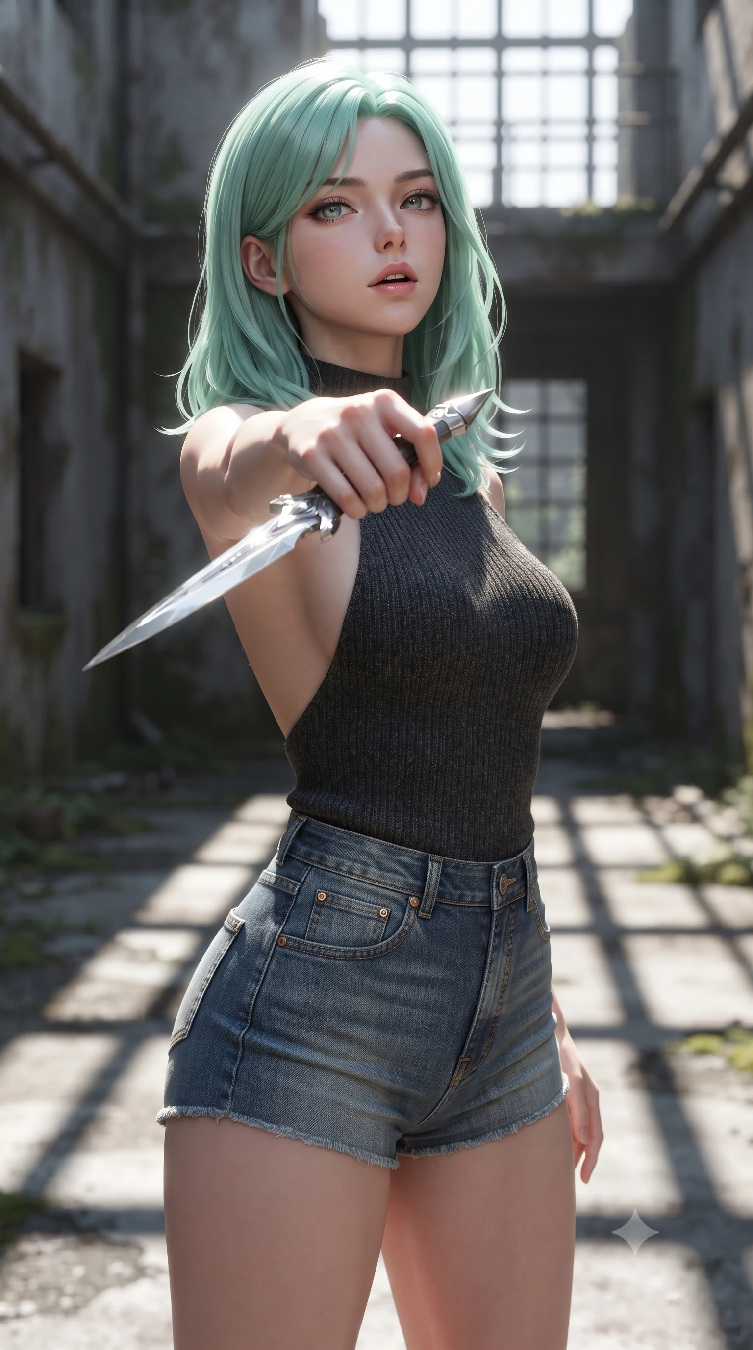 score_9, masterpiece, best quality, ultra-detailed, high-budget anime keyframe, editorial fashion photography, tasteful artistic composition, Japanese woman. close-up cowboy shot from the waist and thighs up, the character dominates the composition, filling the frame with her large presence, background elements kept in soft focus. pointing a crystal-edged laser dagger forward in a defensive stance, tilting her chin up slightly with lips parted in a composed pose, the background shows a soft-focus an abandoned pilot academy courtyard surrounded by cold iron walls and moss. She has an exceptionally elegant, slender, and willowy female figure with an ultra-slim waist, a gracefully sculpted slender torso, and a refined silhouette. sharp v-shaped jawline, high-bridge nose, intricate jewel-like eyes with depth, thick eyelashes, glossy lips with a natural sheen. wearing a slim-fit backless carbon-fiber knit top in charcoal wool, paired with high-waisted denim micro-shorts. crisp morning sunlight casting sharp, clean grid shadows across the courtyard. ultra-reflective glossy finish, specular highlights, metallic sheen, high-contrast stereoscopic depth, volumetric dynamic lighting, 2k, ultra detail, master piece, 9:16 ratio