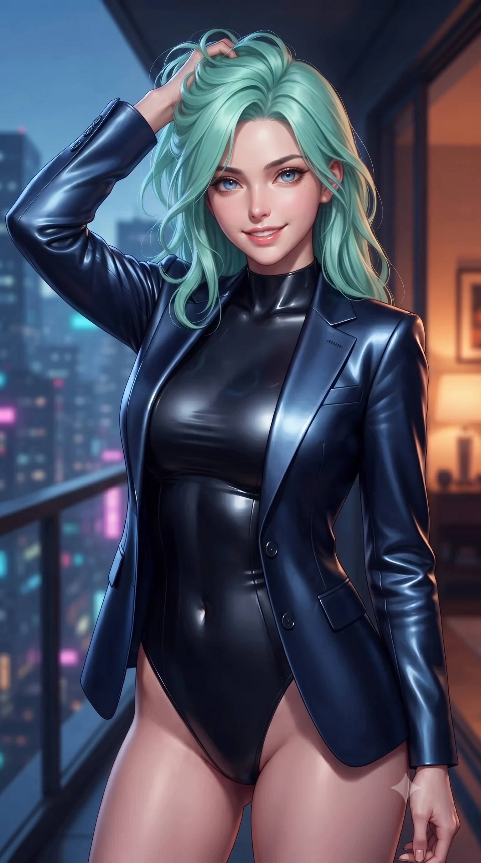 score_9, masterpiece, best quality, ultra-detailed, high-budget anime keyframe, editorial fashion photography, tasteful artistic composition, Japanese woman. close-up cowboy shot from the waist and thighs up, the character dominates the composition, filling the frame with her large presence, background elements kept in soft focus. smiling with quiet, magnetic self-assurance directly into the camera, running a hand through her hair the background shows a soft-focus a quiet high-rise balcony overlooking the neon grid after midnight. She has an exceptionally elegant, slender, and willowy female figure with an ultra-slim waist, a gracefully sculpted slender torso, and a refined silhouette. sharp v-shaped jawline, high-bridge nose, intricate jewel-like eyes with depth, thick eyelashes, glossy lips with a natural sheen. wearing a body-hugging sleek tailored blazer in navy blue worn closed over a tight-fitting black bodysuit. cool blue ambient twilight light contrasting with a warm orange room light inside. ultra-reflective glossy finish, specular highlights, metallic sheen, high-contrast stereoscopic depth, volumetric dynamic lighting, 2k, ultra detail, master piece, 9:16 ratio