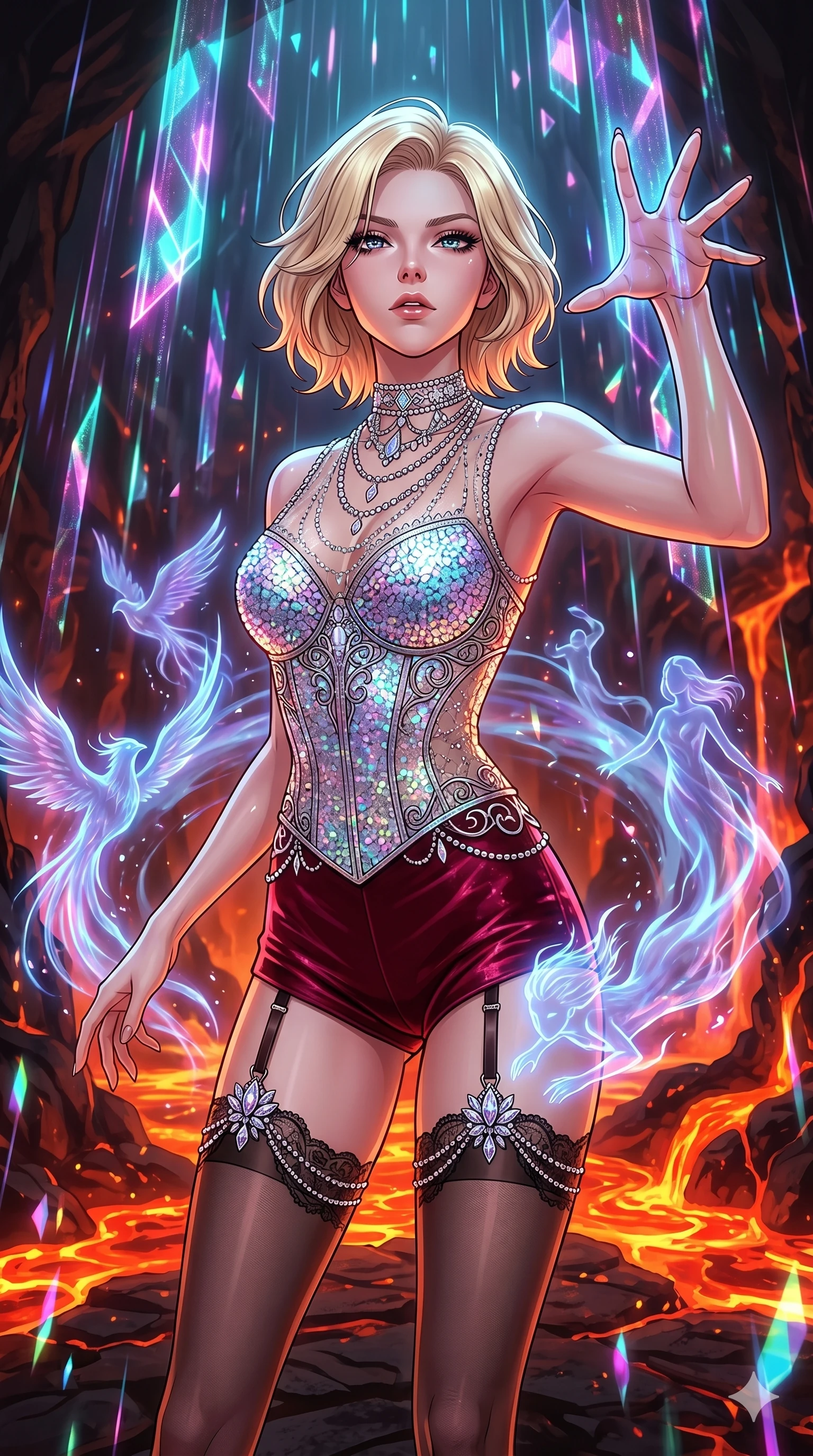 score_9, masterpiece, best quality, ultra-detailed, high-budget anime movie keyframe, cinematic anime lighting, intricate line art, Korean woman. Medium shot of upper body capturing the intricate details of her high-fashion attire. summoning mystical spirits in a volcanic lava forge with holographic rain. She has an absolutely perfect 8-heads proportion, an exceptionally tall and slender female figure with an ultra-slim waist and impossibly long slender legs. sharp v-shaped jawline, high-bridge nose, intricate jewel-like eyes, thick eyelashes, glossy lips. Wearing luxurious K-pop idol stage outfit featuring a sparkling sequined corset, high-cut velvet shorts, and sheer silk stockings with garter belts, accessorized with crystal chokers. The scene is illuminated by dramatic atmospheric lighting and vibrant color palettes. , 2k, ultra detail, master piece, 9:16 ratio