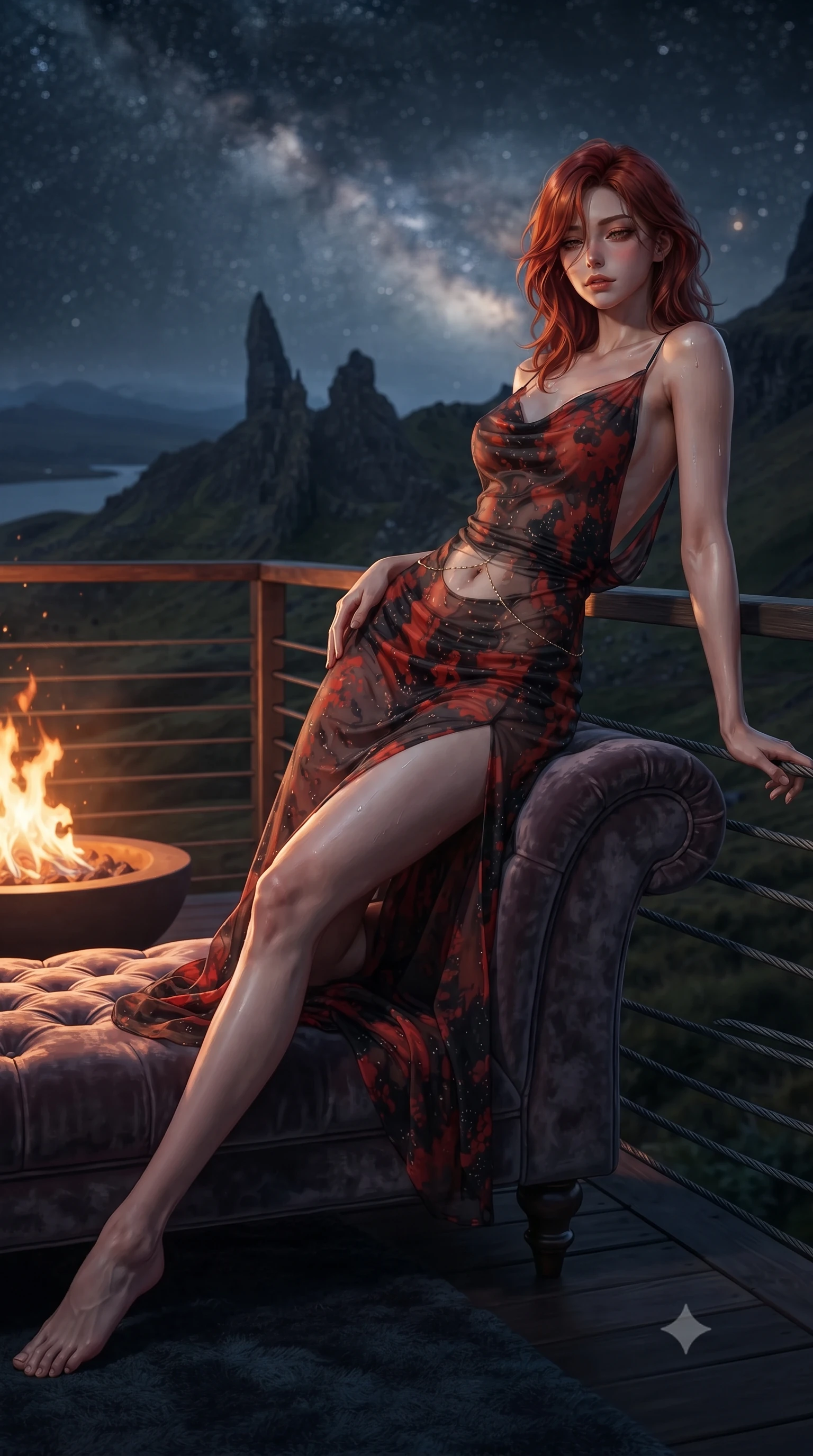 score_9, masterpiece, best quality, ultra-detailed, high-budget anime keyframe, editorial fashion photography, tasteful artistic composition, Korean woman. low angle full-body shot from head to toe showing her feet, filling the entire 9:16 vertical frame with her statuesque presence, stretching her vertical silhouette. reclining gracefully across the plush chaise lounge with one leg extended, her sculpted silhouette and flat midriff radiating magnetic nocturnal glamour while leaning against the nautical cable balustrade with hips cocked back, looking out across the Minch strait toward the Outer Hebrides with heavy-lidded bedroom-eyes. The background shows a soft-focus monumental basalt rock spires of the Needle and Prison rock, rolling moorland below, and dense Milky Way starfield blurred into obsidian, amber, and diamond bokeh. She has an exceptionally tall and slender model-like 8.5-heads proportion, an ultra-slim waist, a flat toned midriff, narrow delicate ribcage, and beautifully sculpted feminine hips creating a graceful, slim hourglass silhouette without any bulky heaviness, with impossibly long slender legs. sharp v-shaped jawline, high-bridge nose, intricate jewel-like sparkling eyes with depth, thick eyelashes, glossy parted lips with a natural peach sheen, bright cheerful beaming smile with an enchanting and coquettish sensual glint, exuding both youthful cute charm and seductive allure, flawlessly proportioned anatomical accuracy, strict slender model proportions, natural body alignment, perfectly sculpted long slender limbs, ultra-slim waistline, clean dynamic posture without body distortion. wearing a form-contouring gossamer silk chiffon slip dress with a hip-high slit and open cowl back clinging with dewy moisture in Reinefjorden rorbu vermilion red and obsidian granite, made of sheer gossamer chiffon that drapes softly against skin with airy translucence, accented with a dainty gold belly chain resting across her flat midriff and curving hips, the bespoke structured tailoring following the natural line of her 8.5-heads silhouette with refined elegance. bathed in the contrast of warm 2100K outdoor fire pit flames and brilliant unpolluted Dark Sky Reserve starlight. ultra-reflective glossy finish, specular highlights, rich textural contrasts, high-contrast stereoscopic depth, volumetric dynamic lighting, 2k, ultra detail, master piece, 9:16 ratio