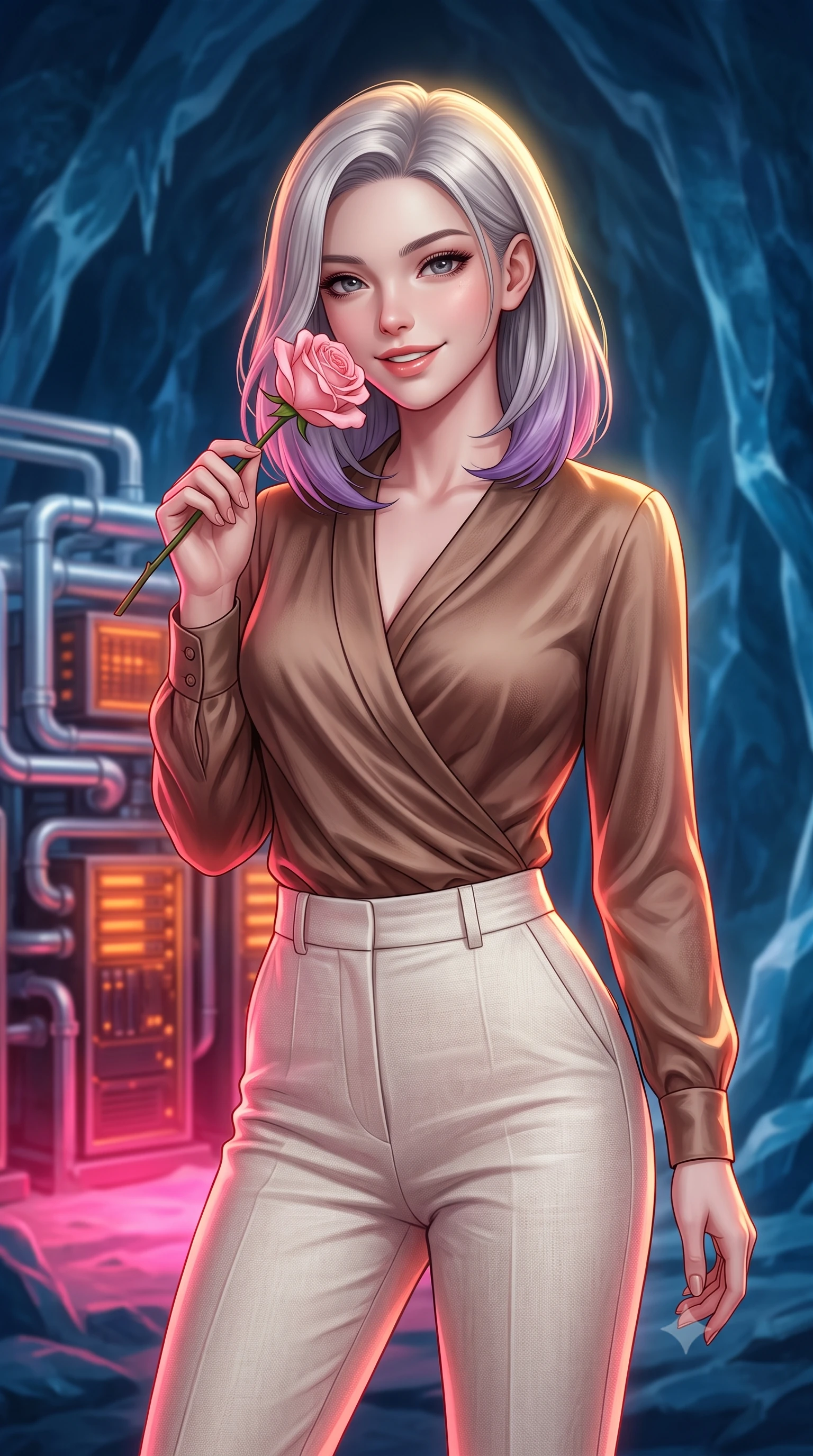 score_9, masterpiece, best quality, ultra-detailed, high-budget anime keyframe, editorial fashion photography, tasteful artistic composition, Caucasian woman, strictly human ears. close-up cowboy shot from the waist and thighs up, the character dominates the composition, filling the frame with her large presence, background elements kept in soft focus. Holding a delicate flower near her cheek, smiling with dreamy happiness. set against a soft-focus background of inside a cavern made of deep blue glacial ice housing glowing orange computer servers cooled by complex silver piping systems. She has an exceptionally elegant, slender, and willowy female figure with a highly-defined ultra-slim waist, a gracefully sculpted slender torso, and a refined slim-fit silhouette that contours her form. sharp v-shaped jawline, high-bridge nose, intricate jewel-like eyes with depth, thick eyelashes, glossy lips with a natural sheen. wearing a wrap-style silk blouse in a warm mocha shade, tucked into high-waisted ivory linen trousers. dramatic contrast of hot pink furnace glow from below and cool golden light from above. 2k, ultra detail, master piece, 9:16 ratio