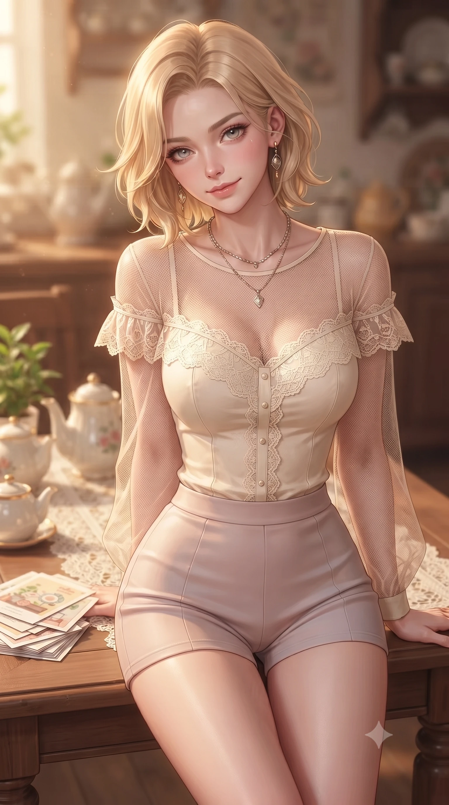 score_9, masterpiece, best quality, ultra-detailed, high-budget anime keyframe, editorial fashion photography, tasteful artistic composition, Caucasian woman. close-up cowboy shot from the waist and thighs up, the character dominates the composition, filling the frame with her large presence, background elements kept in soft focus. smiling warmly with a soft, affectionate expression, making cute eye contact set against a soft-focus background of in a charming retro tea room with lace table runners and ceramic teapots with a small green plant and a stack of cute design postcards on the table. She has an exceptionally elegant, slender, and willowy female figure with an ultra-slim waist, a gracefully sculpted slender torso, and a refined silhouette. sharp v-shaped jawline, high-bridge nose, intricate jewel-like eyes with depth, thick eyelashes, glossy lips with a natural sheen. wearing tailored delicate lace-trim off-shoulder blouse paired with a sheer mesh overlay and form-contouring mini shorts. warm golden lighting creating a cozy, relaxing weekend mood. ultra-reflective glossy finish, specular highlights, metallic sheen, high-contrast stereoscopic depth, volumetric dynamic lighting, 2k, ultra detail, master piece, 9:16 ratio