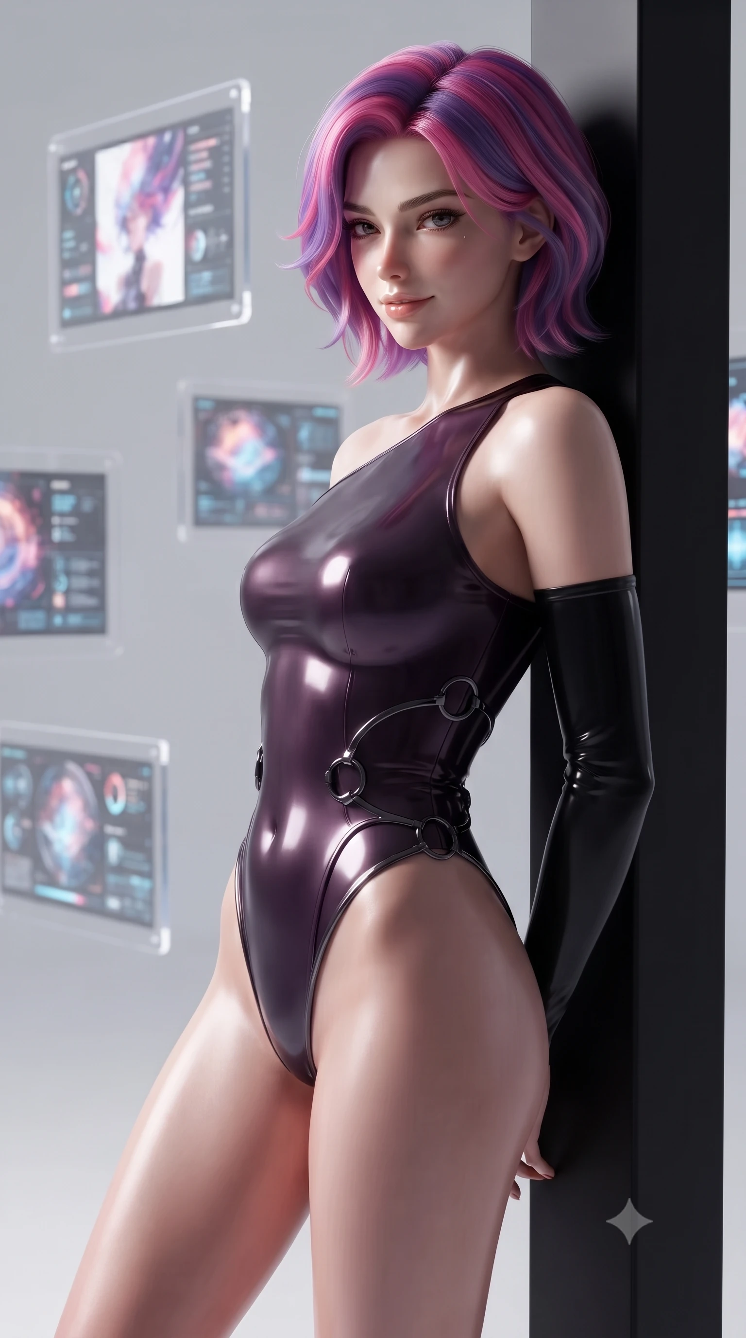 score_9, masterpiece, best quality, ultra-detailed, high-budget anime keyframe, editorial fashion photography, tasteful artistic composition, Caucasian woman. close-up cowboy shot from the waist and thighs up, the character dominates the composition, filling the frame with her large presence, background elements kept in soft focus. Glancing sidelong over her shoulder with a smoldering, enigmatic half-smile, resting against a matte black pillar surrounded by floating acrylic glass displays, glove-like fit latex bodycon dress catching razor-sharp specular highlights. She has an exceptionally elegant, slender, and willowy female figure with an ultra-slim waist, a gracefully sculpted slender torso, and a refined silhouette. sharp v-shaped jawline, high-bridge nose, intricate jewel-like eyes with depth, thick eyelashes, glossy lips with a natural sheen. wearing asymmetric high-cut cyber-bodysuit with detached sleeves in onyx black in dark plum violet, made of liquid dark mercury jersey, trimmed with dark chrome ring hardware along the waist contours, accentuating her gracefully sculpted slender torso. illuminated by high-contrast studio key light creating intense specular highlights on latex. ultra-reflective glossy finish, specular highlights, metallic sheen, high-contrast stereoscopic depth, volumetric dynamic lighting, 2k, ultra detail, master piece, 9:16 ratio