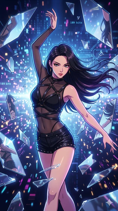 score_9, masterpiece, best quality, ultra-detailed, Set A: High-budget Anime Keyframe, Korean woman. Upper body close-up from the thighs up, character filling the screen for maximum presence. Dancing through a dimension of floating mirrors, while a d