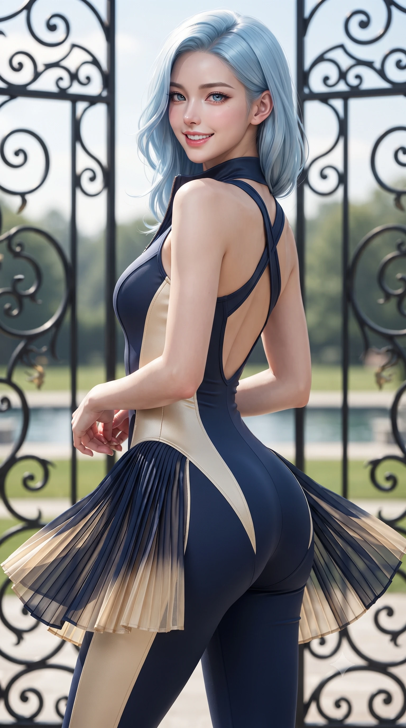 score_9, masterpiece, best quality, ultra-detailed, high-budget anime keyframe, editorial fashion photography, tasteful artistic composition, Korean woman. close-up cowboy shot from the waist and thighs up, the character dominates the composition, filling the frame with her large presence. posing in an alluring rear three-quarter angle, turning over a bare shoulder with an intoxicating gaze, her hips cocked back to highlight her slim hourglass curve against the paddock lights while twisting her slender torso in an alluring contrapposto stance, crisp alpine breezes fluttering her pleated tennis skirt around her legs and hips. The surrounding environment is rendered in vivid detail and crisp panoramic clarity: sharp wrought-iron scrollwork, lawn chalk line demarcations, and crystal glass clarity in deep focus. She has an exceptionally elegant, slender, and willowy female figure with an ultra-slim waist, flat toned midriff, narrow ribcage, and sculpted feminine hips creating an alluring, slim hourglass silhouette without bulk. sharp v-shaped jawline, high-bridge nose, sparkling eyes with athletic focus and depth, thick curled eyelashes, glossy parted lips with a natural coral-peach sheen, bright confident and coquettish smile with alluring bedroom-eyes, exuding both youthful sporty vigor and sovereign high-society glamour, flawlessly proportioned anatomical accuracy, strict slender model proportions, natural body alignment, perfectly sculpted long slender limbs, ultra-slim waistline, clean dynamic posture without body distortion. wearing a modern paddock jumpsuit with zip-down front collar and high-cut leg openings in sleek stretch jersey in Monaco navy blue and cream champagne gold, made of smooth liquid-tight stretch jersey emphasizing every curve of her body, finished with criss-cross back athletic straps highlighting her graceful shoulder blades, the form-contouring athletic cut accentuating her sculpted flat midriff, narrow delicate ribcage, and gracefully curvy hips with supermodel precision. illuminated by lake water reflection fill and sharp platinum rim lights defining her sculpted collarbones, ultra-slim waist, and curvy hips. ultra-reflective glossy finish, specular highlights, rich textural contrasts, high-contrast stereoscopic depth, volumetric dynamic lighting, 2k, ultra detail, master piece, 9:16 ratio