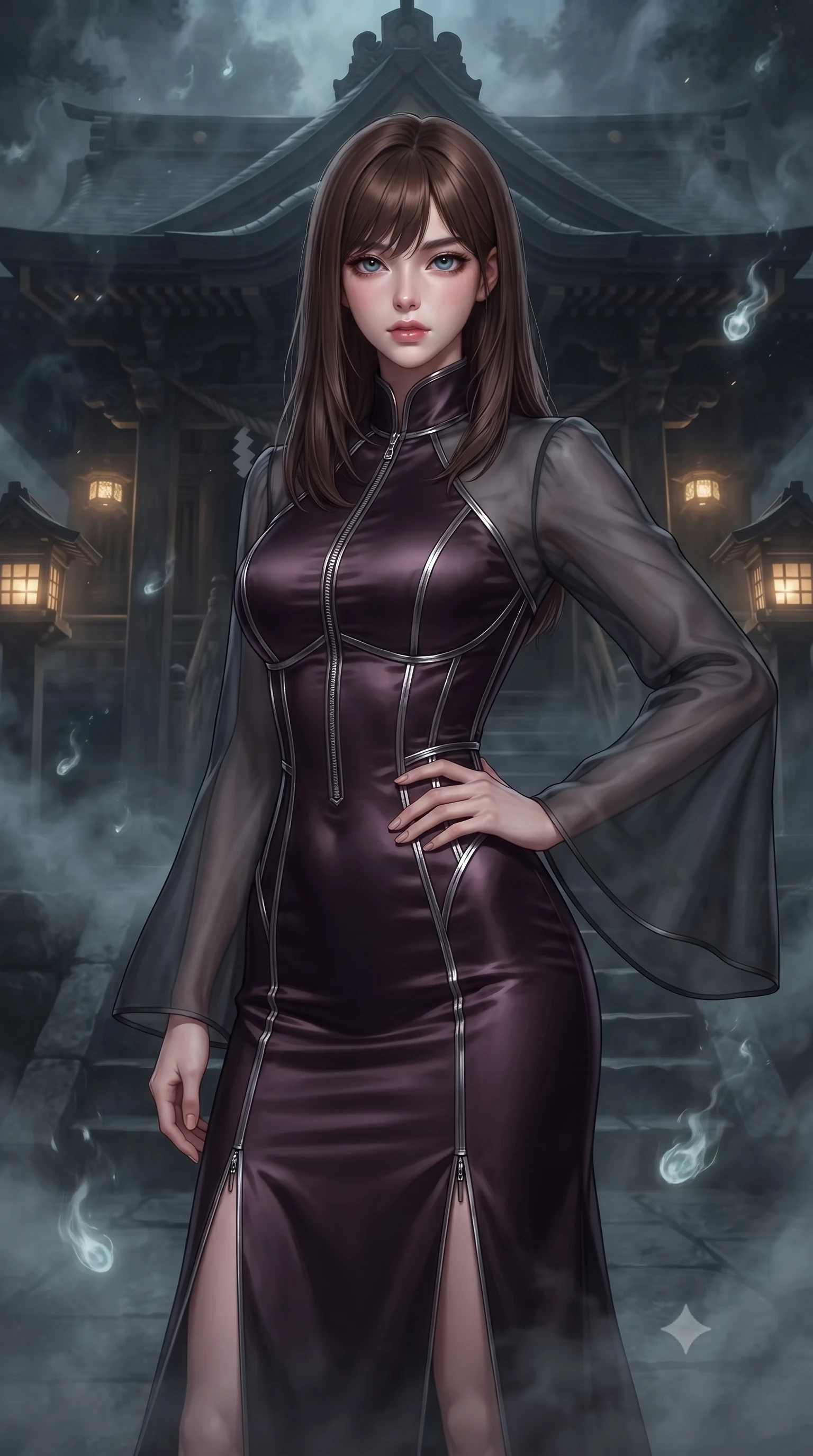 score_9, masterpiece, best quality, ultra-detailed, high-budget anime keyframe, editorial fashion photography, tasteful artistic composition, Korean woman. close-up cowboy shot from the waist and thighs up, the character dominates the composition, filling the frame with her large presence, background elements kept in soft focus. Holding a confident power pose with one hand on her hip, standing before an ancient dark shinto shrine shrouded in thick golden lantern fog, ghostly spirit fire embers drifting silently through the cool night air. She has an exceptionally elegant, slender, and willowy female figure with an ultra-slim waist, a gracefully sculpted slender torso, and a refined silhouette. sharp v-shaped jawline, high-bridge nose, intricate jewel-like eyes with depth, thick eyelashes, glossy lips with a natural sheen. wearing gothic high-collar dark plum silk evening gown with long bell sleeves in dark charcoal gray, made of sheer dark organza overlay, finished with metallic silver boning and sleek zipper points, sculpting her athletic slender build with refined precision. lit by dim golden key light piercing through heavy midnight fog. highly saturated vibrant anime colors, detailed shading with soft gradients, rich glossy textures, high-contrast stereoscopic depth, volumetric dynamic lighting, master piece, 9:16 ratio