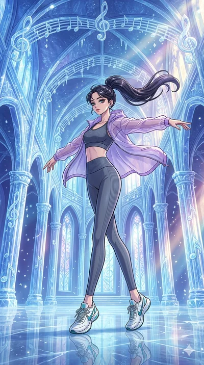 score_9, masterpiece, best quality, ultra-detailed, high-budget anime movie keyframe, cinematic anime lighting, intricate line art, Korean anime girl. Dynamic full-body shot stretching the vertical silhouette with extreme perspective. spinning in a c