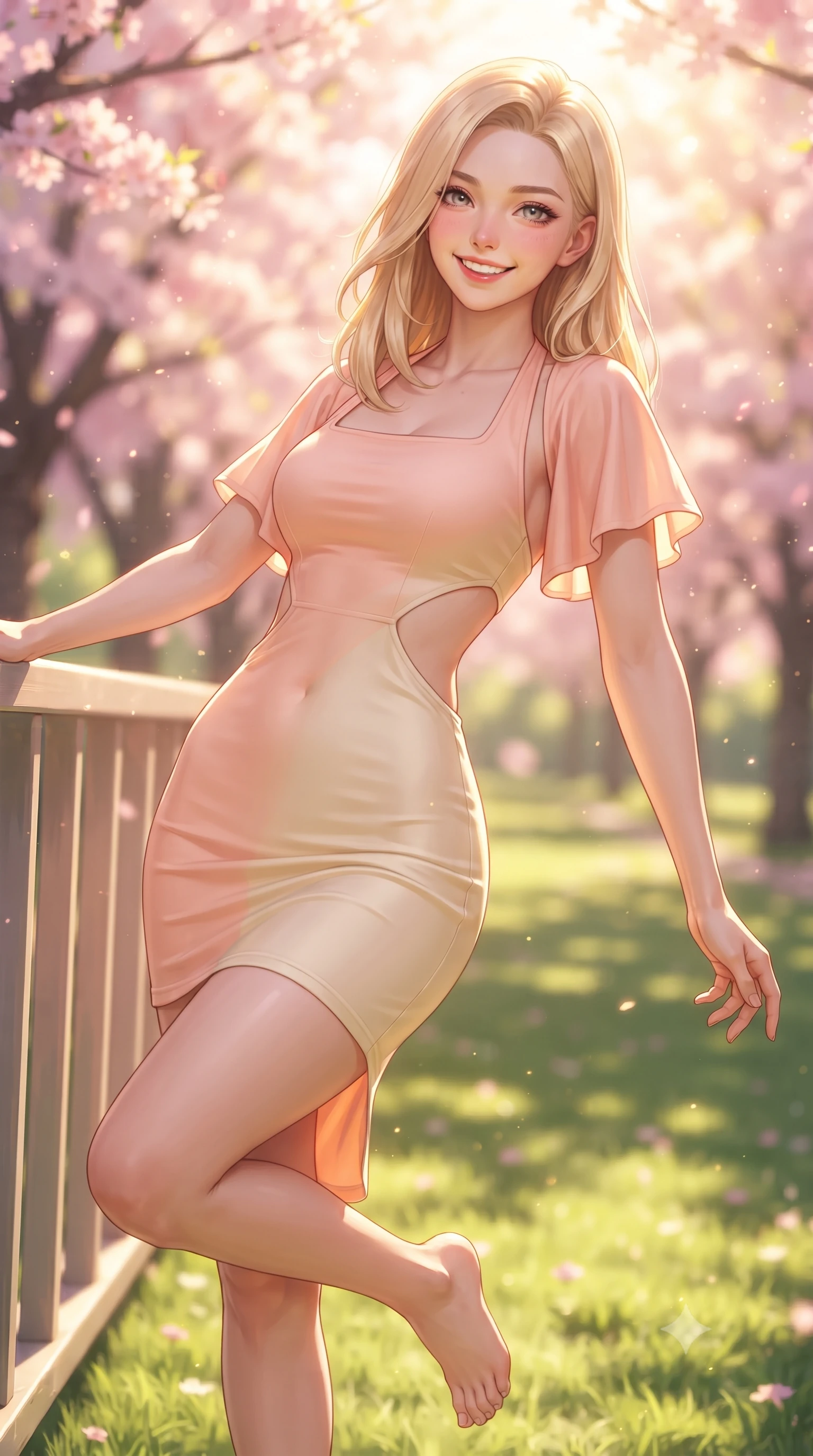 score_9, masterpiece, best quality, ultra-detailed, high-budget anime keyframe, editorial fashion photography, tasteful artistic composition, Korean woman. close-up cowboy shot from the waist and thighs up, the character dominates the composition, filling the frame with her large presence. leaning back against the sunlit railing with relaxed seductive grace, her flat midriff and narrow waist highlighted as she smiles brightly with bewitching eyes while walking barefoot along the soft green grass, twisting her slender torso in an alluring contrapposto stance with a joyful, beaming expression. The composition keeps background elements in soft focus with dreamy creamy bokeh. cascading pink cherry blossom canopies and sunlit green lawns blurred into soft sakura-pink, lime, and golden sunbeam bokeh. She has an exceptionally elegant, slender, and willowy female figure with an ultra-slim waist, flat toned midriff, narrow ribcage, and sculpted feminine hips creating an alluring, slim hourglass silhouette without bulk. sharp v-shaped jawline, high-bridge nose, intricate jewel-like sparkling eyes with depth, thick eyelashes, glossy parted lips with a natural peach sheen, bright cheerful beaming smile with an enchanting and coquettish sensual glint, exuding both youthful cute charm and seductive allure, flawlessly proportioned anatomical accuracy, strict slender model proportions, natural body alignment, perfectly sculpted long slender limbs, ultra-slim waistline, clean dynamic posture without body distortion. wearing a backless pastel halter sundress with side-waist diamond cutouts and an ultra-fitted hip-hugging silhouette in pastel peach blossom pink and warm champagne ivory, crafted from liquid-tight stretch jersey emphasizing every curve, featuring elegant flutter sleeves and a graceful square neckline, the precision-cut side openings and low-back scoop framing her graceful spine and the sensual sweep of her slim, toned hips. bathed in warm, golden spring morning sunlight streaming through flowering tree canopies. ultra-reflective glossy finish, specular highlights, rich textural contrasts, high-contrast stereoscopic depth, volumetric dynamic lighting, 2k, ultra detail, master piece, 9:16 ratio