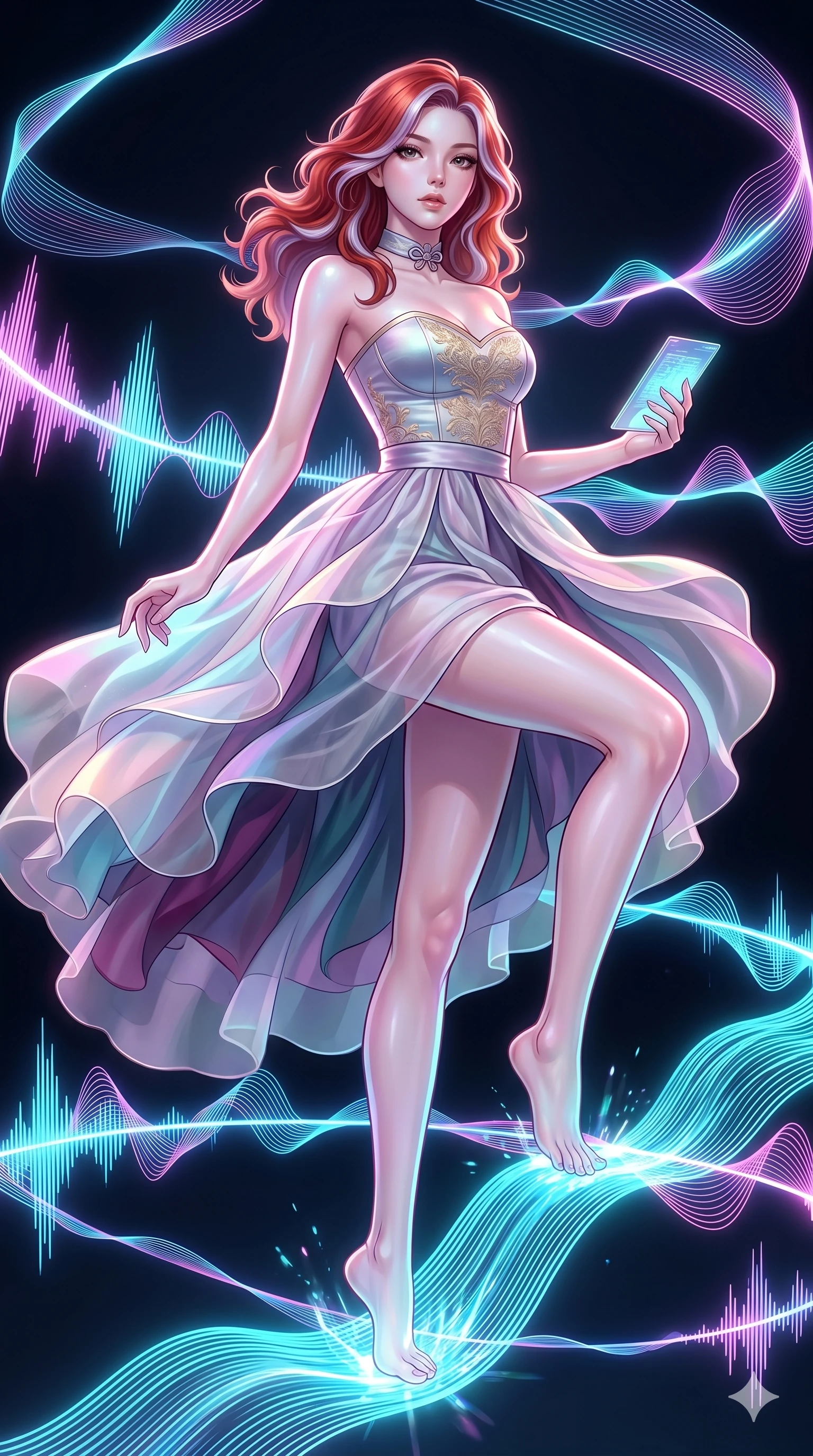 score_9, masterpiece, best quality, ultra-detailed, high-budget anime keyframe, Caucasian woman, strictly human ears. upper body close-up from the thighs up, character filling the screen for maximum presence. stepping on holographic fluid ribbons of sound that ripple with cyan and magenta light in a dark virtual void. She has an absolutely perfect 8-heads proportion, an exceptionally tall and slender female figure with impossibly long slender legs and an ultra-slim waist. V-shaped jawline, high-bridge nose, intricate jewel-like eyes with depth, thick eyelashes, glossy lips with a natural sheen.. wearing a modern fusion silk hanbok dress, featuring a silk bustier top, layered sheer organza skirts, and a traditional knot choker. enhanced by a luminous pastel spectrum glow, casting elegant rim lights on her shoulders and jawline. 2k, ultra detail, master piece, 9:16 ratio