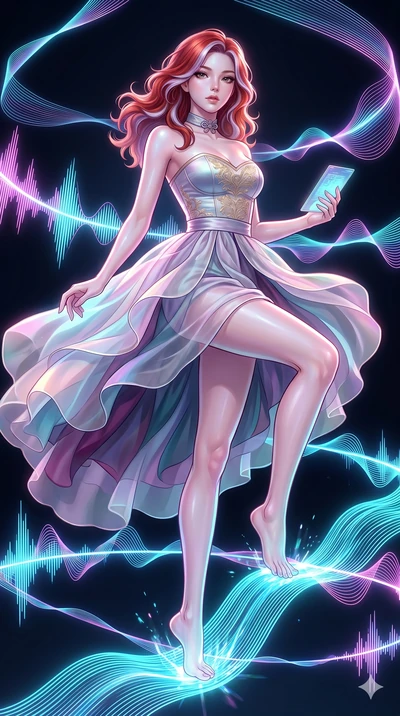 score_9, masterpiece, best quality, ultra-detailed, high-budget anime keyframe, Caucasian woman, strictly human ears. upper body close-up from the thighs up, character filling the screen for maximum presence. stepping on holographic fluid ribbons of 