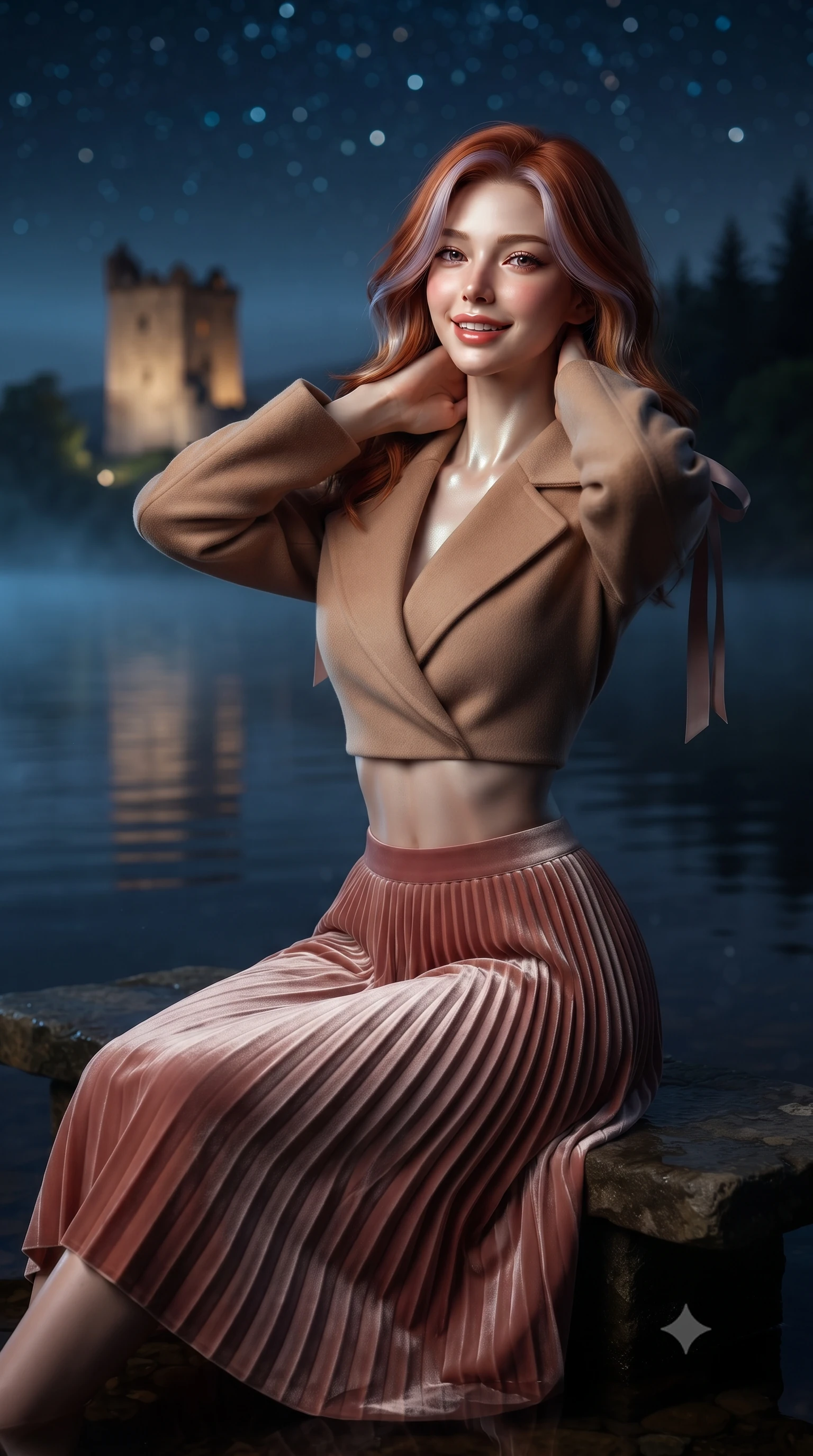 score_9, masterpiece, best quality, ultra-detailed, high-budget anime keyframe, editorial fashion photography, tasteful artistic composition, Caucasian woman. close-up cowboy shot from the waist and thighs up, the character dominates the composition, filling the frame with her large presence. resting both hands lightly behind her neck with elbows raised, arching her spine to highlight her narrow waist, flat midriff, and breathtaking collarbones while sitting gracefully on the submerged pool bench with legs crossed, flashing a radiant, playful smile with parted glossy lips. The background shows a soft-focus illuminated silhouette of Urquhart Castle tower across misty black loch waters, dense Scottish pine forests, and starry night sky blurred into topaz, slate, and sapphire bokeh. She has an exceptionally elegant, slender, and willowy female figure with an ultra-slim waist, flat toned midriff, narrow ribcage, and sculpted feminine hips creating an alluring, slim hourglass silhouette without bulk. sharp v-shaped jawline, high-bridge nose, intricate jewel-like sparkling eyes with depth, thick eyelashes, glossy parted lips with a natural peach sheen, bright cheerful beaming smile with an enchanting and coquettish sensual glint, exuding both youthful cute charm and seductive allure, flawlessly proportioned anatomical accuracy, strict slender model proportions, natural body alignment, perfectly sculpted long slender limbs, ultra-slim waistline, clean dynamic posture without body distortion. wearing a tailored double-faced camel cashmere wrap coat paired with an accordion pleated wool skirt in rose-quartz blush and burnished copper, tailored from ultra-plush silk velvet with rich tactile depth and deep shadow gradients, finished with satin ribbon ties at the shoulders fluttering in the gentle breeze, the bespoke structured tailoring following the natural line of her 8.5-heads silhouette with refined elegance. illuminated by loch water reflection bounce and sharp platinum-cyan rim lights defining her dewy collarbones, ultra-slim waist, and curvy hips. ultra-reflective glossy finish, specular highlights, rich textural contrasts, high-contrast stereoscopic depth, volumetric dynamic lighting, 2k, ultra detail, master piece, 9:16 ratio