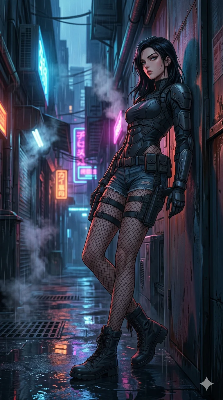 score_9, masterpiece, best quality, ultra-detailed, semi-realistic high-budget anime keyframe, an incredibly beautiful Japanese woman. Low angle cowboy shot filling the frame. She is a cyberpunk rebel leaning against a metal wall in a rainy alley. She has an absolutely perfect 8-heads proportion, an exceptionally tall and slender female figure with long slender legs. Her face is a masterpiece with raven black hair and sharp features. She is wearing a tight-fitting tactical suit with fishnet stockings, highlighting her alluring silhouette. Neon signs and steam, dramatic rim lighting, cinematic shadows, 2k, ultra detail, master piece, 9:16 ratio