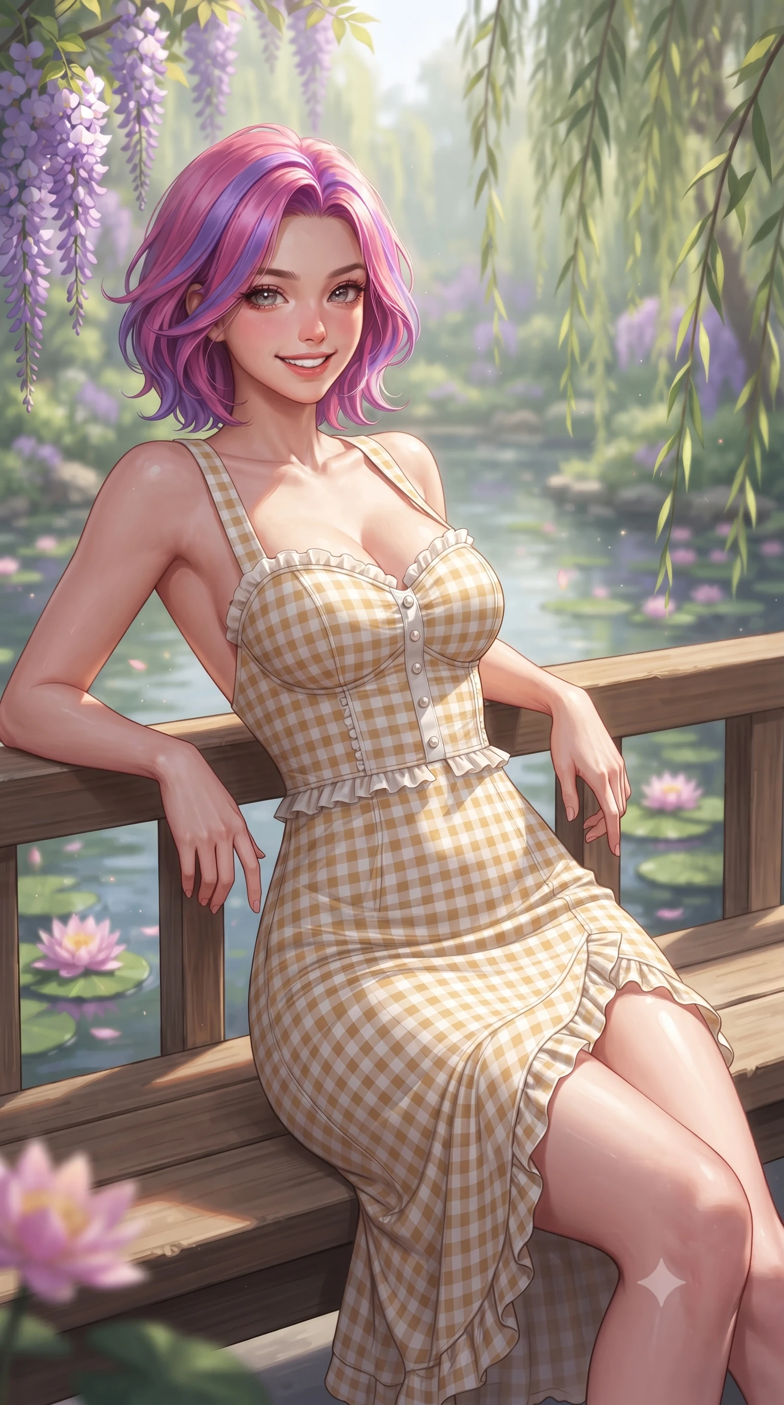 score_9, masterpiece, best quality, ultra-detailed, high-budget anime keyframe, editorial fashion photography, tasteful artistic composition, Caucasian woman. close-up cowboy shot from the waist and thighs up, the character dominates the composition, filling the frame with her large presence. leaning back against the sunlit railing with relaxed seductive grace, her flat midriff and narrow waist highlighted as she smiles brightly with bewitching eyes while reclining on a wooden garden bench beside the pond, her long slender legs and curvy hips framed by blooming purple and white flowers. The composition keeps background elements in soft focus with dreamy creamy bokeh. blooming purple wisteria clusters, weeping willows, and floating pink water lilies blurred into emerald, violet, and shimmering gold bokeh. She has an exceptionally elegant, slender, and willowy female figure with an ultra-slim waist, flat toned midriff, narrow ribcage, and sculpted feminine hips creating an alluring, slim hourglass silhouette without bulk. sharp v-shaped jawline, high-bridge nose, intricate jewel-like sparkling eyes with depth, thick eyelashes, glossy parted lips with a natural peach sheen, bright cheerful beaming smile with an enchanting and coquettish sensual glint, exuding both youthful cute charm and seductive allure, flawlessly proportioned anatomical accuracy, strict slender model proportions, natural body alignment, perfectly sculpted long slender limbs, ultra-slim waistline, clean dynamic posture without body distortion. wearing a backless lace-up gingham sundress with a form-fitting bodice and hip-defining silhouette in pure alabaster white and sun-kissed gold, crafted from soft breathable linen with effortless natural drape, finished with subtle ruffle trims and delicate pearl buttons, the form-contouring cut accentuating her sculpted flat midriff, narrow delicate ribcage, and gracefully curvy hips with supermodel precision. illuminated by calm pond surface specular reflections sharply defining her razor-sharp jawline, narrow waist, and curvy hips. ultra-reflective glossy finish, specular highlights, rich textural contrasts, high-contrast stereoscopic depth, volumetric dynamic lighting, 2k, ultra detail, master piece, 9:16 ratio