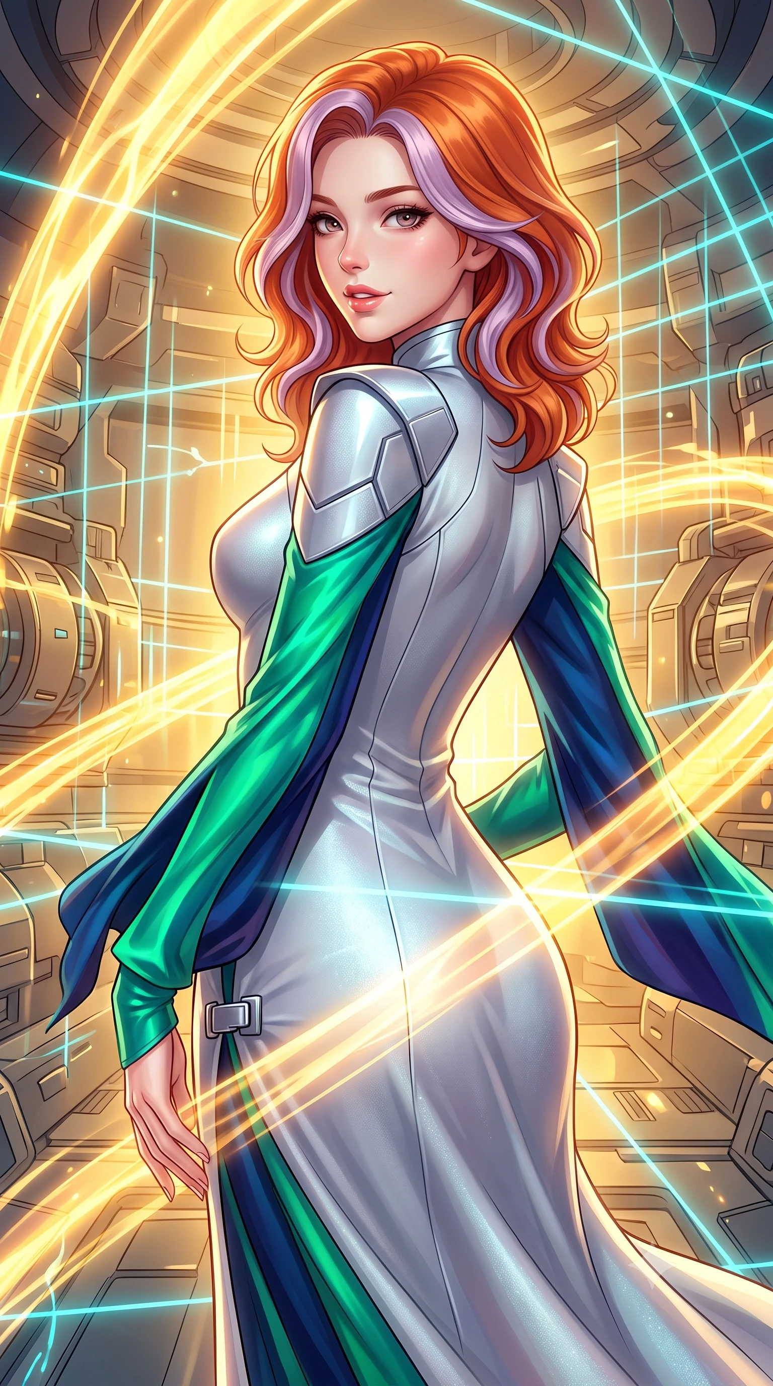 score_9, masterpiece, best quality, ultra-detailed, high-budget anime keyframe, semi-realistic 3D game render, editorial fashion photography, tasteful artistic composition, Caucasian woman. close-up cowboy shot from the waist and thighs up, the character dominates the composition, filling the frame with her large presence. posing in an alluring rear three-quarter angle, looking over a bare shoulder with parted glossy lips, her hips cocked back to highlight her slim hourglass curve while twisting her slender torso in an alluring S-curve, golden plasma ribbons and cyan laser containment fields criss-crossing across her flat midriff and hourglass curves. The surrounding environment is rendered in vivid detail and crisp panoramic clarity: detailed anime styling, glossy highlights, and monumental fusion energy craft in high resolution. She has an exceptionally elegant, slender, and willowy female figure with an ultra-slim waist, flat toned midriff, narrow ribcage, and sculpted feminine hips creating an alluring, slim hourglass silhouette without bulk. sharp v-shaped jawline, high-bridge nose, intricate jewel-like sparkling eyes with depth, thick eyelashes, glossy parted lips with a natural peach sheen, bright cheerful beaming smile with an enchanting and coquettish sensual glint, exuding both youthful cute charm and seductive allure, flawlessly proportioned anatomical accuracy, strict slender model proportions, natural body alignment, perfectly sculpted long slender limbs, ultra-slim waistline, clean dynamic posture without body distortion. wearing an elegant high-neck diplomatic sci-fi gown made of bioluminescent silver silk with structured geometric shoulder plates and long flowing sleeves in bioluminescent emerald and abyssal sapphire, tailored from high-density tech-wool with subtle metallic thread weave, finished with sleek magnetic buckle closures fluttering in the breeze, the impeccably tailored cut draping gracefully along her slender figure with aristocratic poise. bathed in the blinding warm golden 3000K plasma radiance mixed with delicate cyan laser grid lines. highly saturated vibrant anime colors, detailed shading with soft gradients, rich glossy textures, high-contrast stereoscopic depth, volumetric dynamic lighting, master piece, 9:16 ratio
