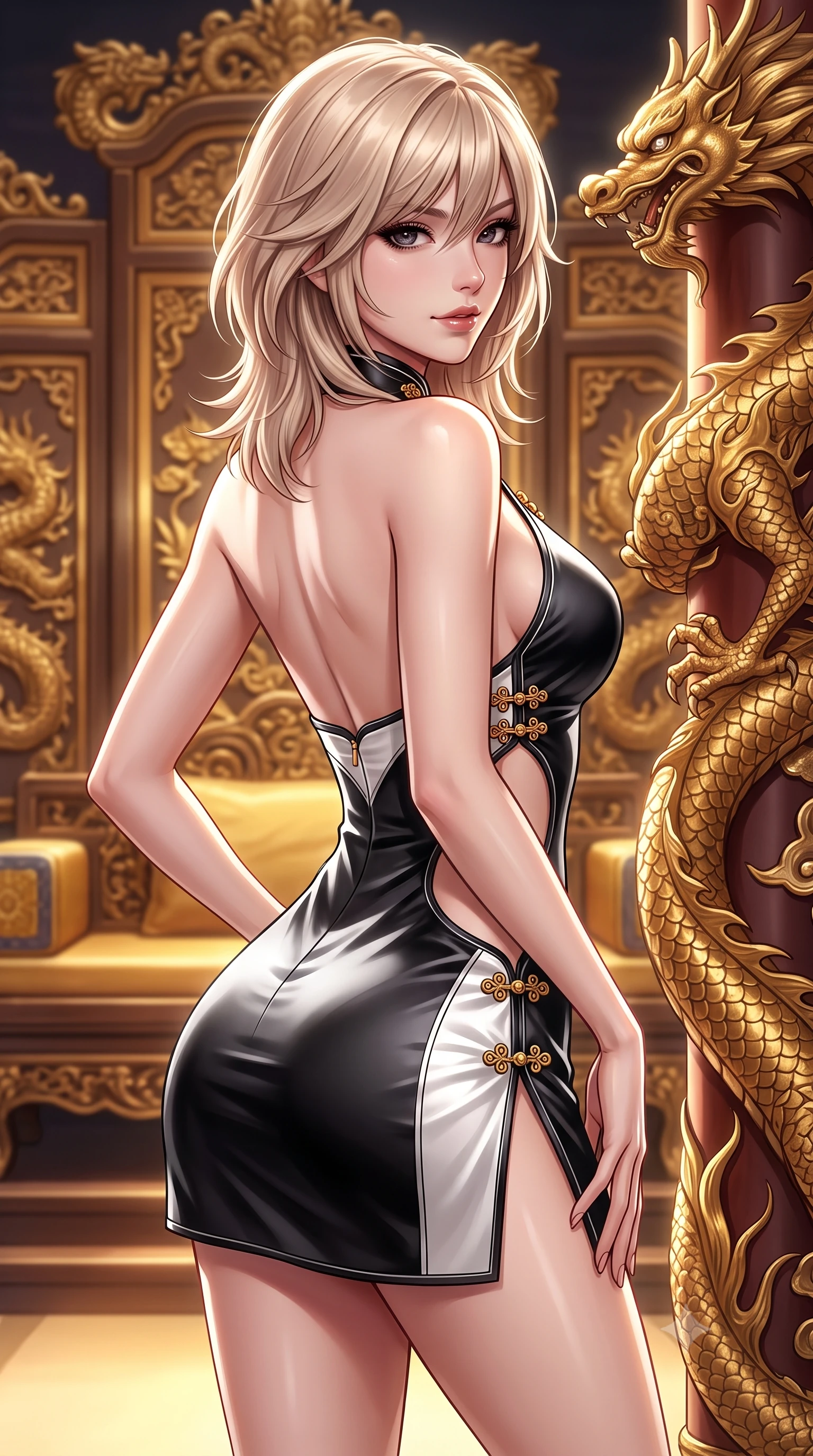 score_9, masterpiece, best quality, ultra-detailed, high-budget anime keyframe, semi-realistic 3D game render, editorial fashion photography, tasteful artistic composition, Japanese woman. close-up cowboy shot from the waist and thighs up, the character dominates the composition, filling the frame with her large presence. posing in an alluring rear three-quarter angle, turning over a bare shoulder with an intoxicating gaze, her hips cocked back to highlight her slim hourglass curve while leaning against an ornate gilded dragon column with hips cocked back, looking into the camera with an intoxicating, commanding bedroom-gaze. The surrounding environment is rendered in vivid detail and crisp panoramic clarity: detailed royal gold embroidery, jewelry sparkle, and monumental palace throne architecture in razor-sharp precision. She has an exceptionally elegant, slender, and willowy female figure with an ultra-slim waist, flat toned midriff, narrow ribcage, and sculpted feminine hips creating an alluring, slim hourglass silhouette without bulk. sharp v-shaped jawline, high-bridge nose, intricate jewel-like dark sparkling almond eyes with depth, thick lashes, glossy parted lips with a natural rose-plum sheen, bright alluring and coquettish smile with bedroom-eyes, exuding both timeless oriental elegance and sovereign high-fashion allure, flawlessly proportioned anatomical accuracy, strict slender model proportions, natural body alignment, perfectly sculpted long slender limbs, ultra-slim waistline, clean dynamic posture without body distortion. wearing a backless halter qipao mini dress with delicate frog-button closures and side waist cutouts framing her hourglass curves in stark monochrome black and white ink contrast, crafted from heavy fluid silk satin with a liquid mirror-like sheen, accented with intricate gold frog buttons and a delicate mandarin collar, the form-fitting tailored bodice adhering flawlessly to her sculpted flat midriff and slender torso, emphasizing her long leg lines and perfectly proportioned willowy build. illuminated by under-floor warm uplighting and sharp platinum rim lights carving her razor-sharp jawline, narrow waist, and curvy hips. highly saturated vibrant anime colors, detailed shading with soft gradients, rich glossy textures, high-contrast stereoscopic depth, volumetric dynamic lighting, master piece, 9:16 ratio