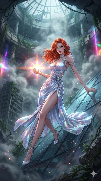 score_9, masterpiece, best quality, ultra-detailed, Set A: High-budget Anime Keyframe, Korean woman. Low angle cowboy shot filling the entire 9:16 frame with her statuesque presence. Theme: Ethereal Dream. sliding down a glass skyscraper in a ruined 