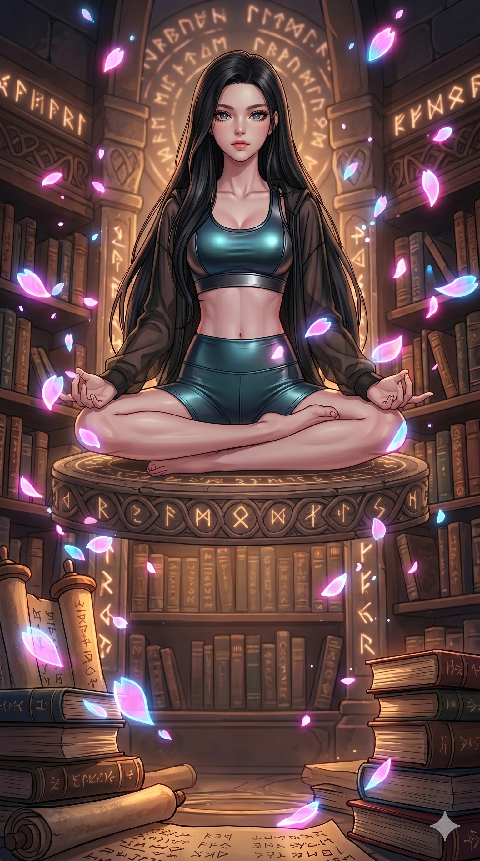 score_9, masterpiece, best quality, ultra-detailed, high-budget anime movie keyframe, cinematic anime lighting, intricate line art, Japanese woman. Low angle cowboy shot filling the entire 9:16 frame with her statuesque presence. meditating peacefully in a ancient runic library with digital sakura petals. She has an absolutely perfect 8-heads proportion, an exceptionally tall and slender female figure with an ultra-slim waist and impossibly long slender legs. sharp v-shaped jawline, high-bridge nose, intricate jewel-like eyes, thick eyelashes, glossy lips. Wearing premium athleisure set with a metallic-finish compression top, high-cut yoga shorts that accentuate her long legs, and a sheer oversized hoodie. The scene is illuminated by dramatic atmospheric lighting and vibrant color palettes. , 2k, ultra detail, master piece, 9:16 ratio
