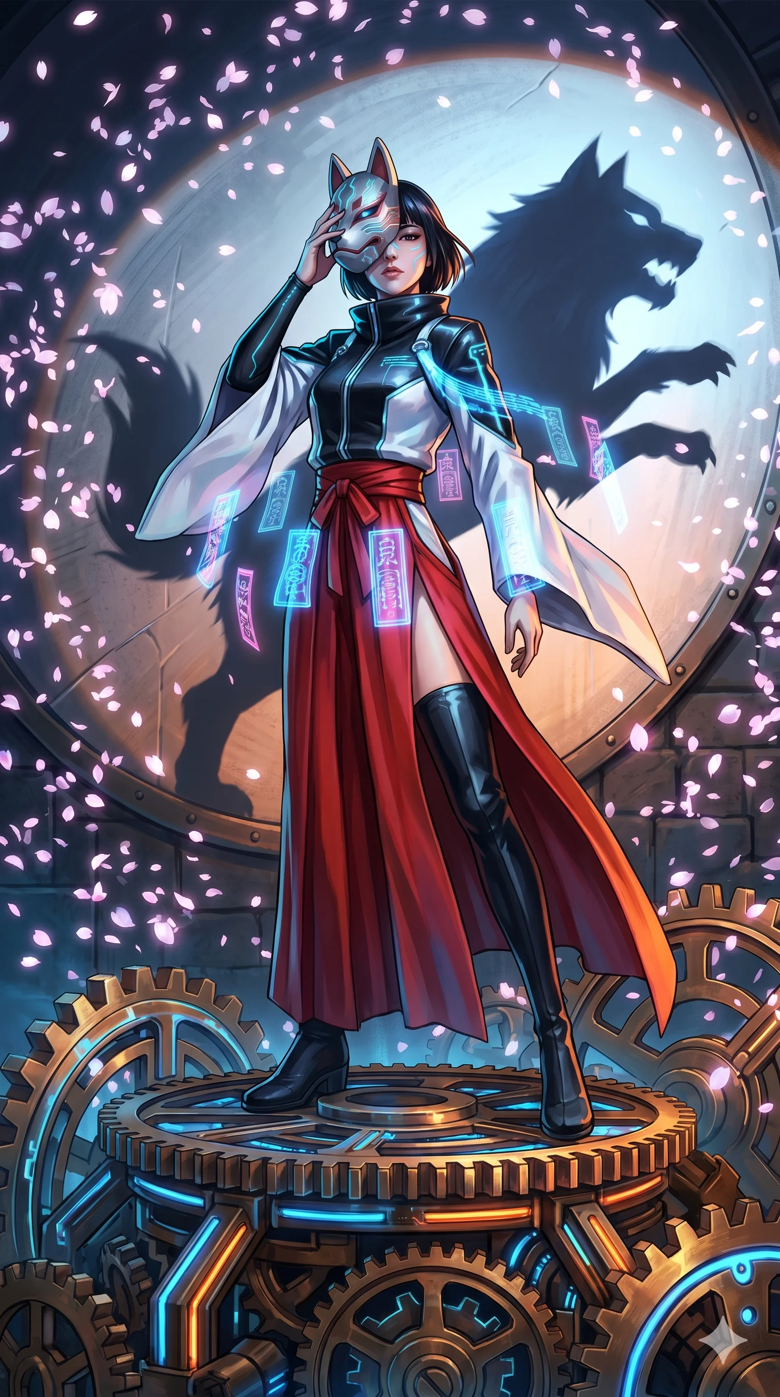 score_9, masterpiece, best quality, ultra-detailed, Set A: High-budget Anime Keyframe, Japanese woman. Low angle cowboy shot filling the entire 9:16 frame with her statuesque presence. Adjusting a mask through a throne of gears, while her shadow mimics the movements of a predator 95 and surrounded by digital sakura petals. She has an absolutely perfect 8-heads proportion, an exceptionally tall and slender female figure with impossibly long slender legs and an ultra-slim waist. Sharp v-shaped jawline, high-bridge nose, intricate jewel-like eyes with depth, thick eyelashes, glossy lips with a natural sheen. Wearing Cyber-miko outfit with holographic paper charms and a high-slit red silk skirt. Cinematic lighting, vibrant colors, dramatic shadows, 2k, ultra detail, master piece, 9:16 ratio