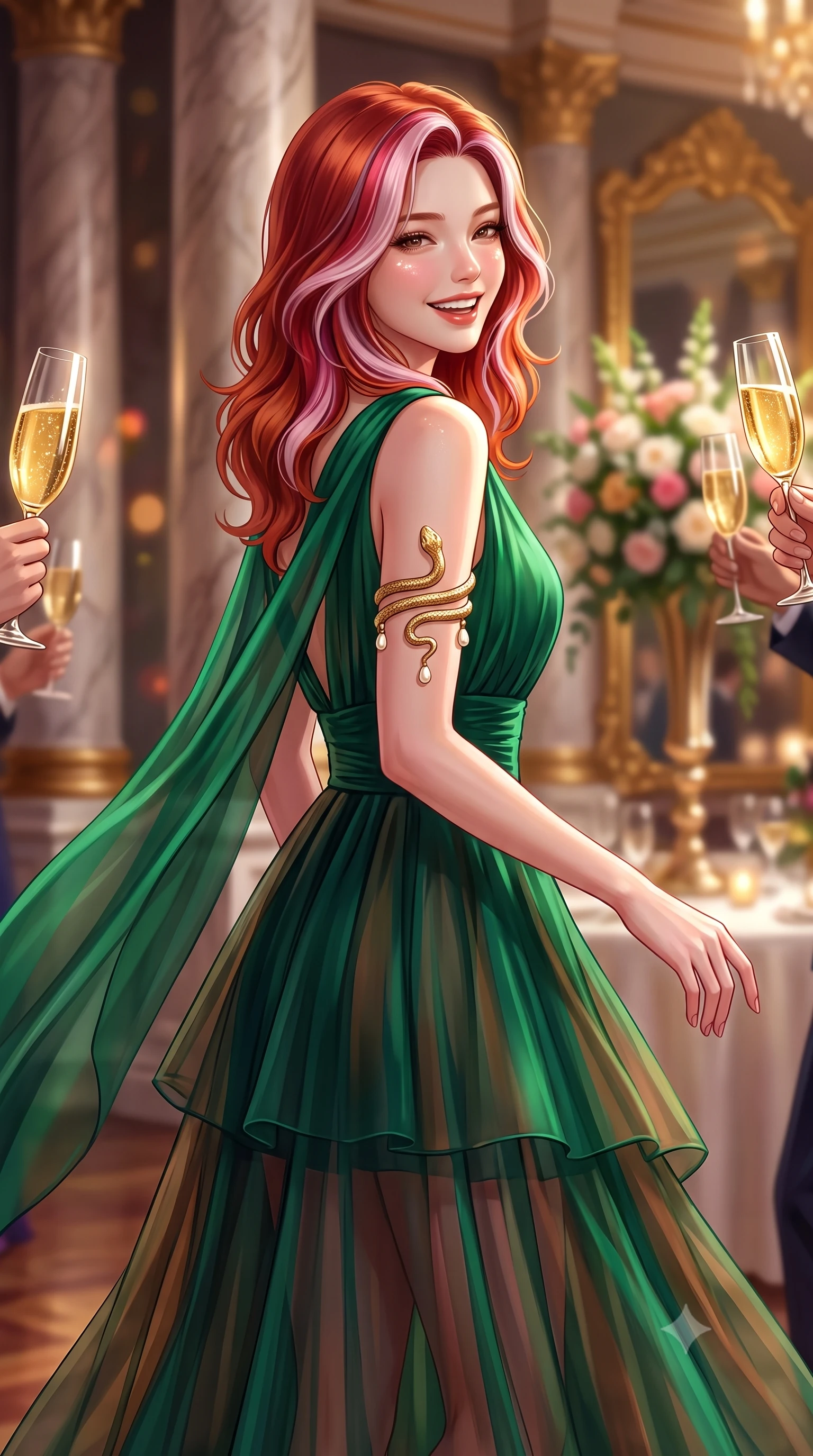 score_9, masterpiece, best quality, ultra-detailed, high-budget anime keyframe, semi-realistic 3D game render, editorial fashion photography, tasteful artistic composition, Caucasian woman. close-up cowboy shot from the waist and thighs up, the character dominates the composition, filling the frame with her large presence. laughing softly with genuine, enchanting warmth, eyes crinkling sweetly as specular highlights illuminate her cheeks while pivoting dynamically beside colossal marble columns as golden champagne toasts catch dazzling light highlights. The composition keeps background elements in soft focus with creamy bokeh. gilded mirror reflections and towering floral centerpieces softened in glamorous shallow focus. She has an exceptionally elegant, slender, and willowy female figure with an ultra-slim waist, a gracefully sculpted slender torso, toned flat midriff, and a refined slim silhouette. sharp v-shaped jawline, high-bridge nose, intricate jewel-like eyes with depth, thick eyelashes, glossy lips with a natural sheen, captivating and magnetic expression, flawlessly proportioned anatomical accuracy, strict slender model proportions, natural body alignment, perfectly sculpted long slender limbs, ultra-slim waistline, clean dynamic posture without body distortion. wearing an ethereal emerald-green silk chiffon gown with an asymmetric shoulder drape and sheer layered skirt in deep emerald green and bronze, woven from airy multi-layered silk chiffon with a weightless drape, accented with a sculptured gold serpent armlet and pearl drops edition #33, the breezy yet form-flattering drape swaying gracefully with her steps, accentuating her long willowy limbs and slim waistline. surrounded by a glamorous, exclusive, and breathtakingly captivating billionaire heiress aura. highly saturated vibrant anime colors, detailed shading with soft gradients, rich glossy textures, high-contrast stereoscopic depth, volumetric dynamic lighting, master piece, 9:16 ratio