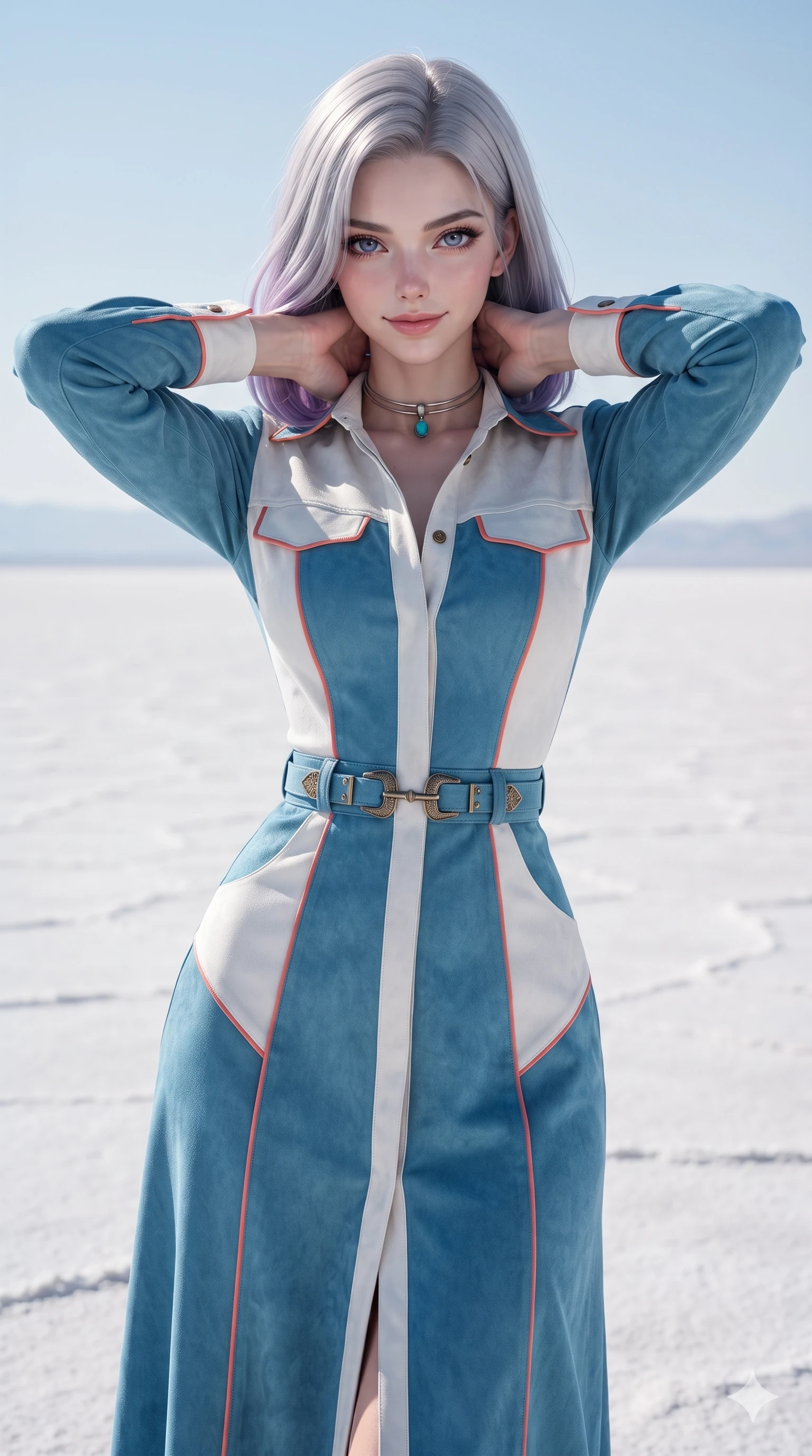 score_9, masterpiece, best quality, ultra-detailed, high-budget anime keyframe, editorial fashion photography, tasteful artistic composition, Caucasian woman. close-up cowboy shot from the waist and thighs up, the character dominates the composition, filling the frame with her large presence. resting both hands lightly behind her neck with elbows raised, arching her spine to highlight her narrow waist, flat midriff, and breathtaking collarbones while standing tall against the stark minimalist horizon, arching her lower back with sovereign supermodel grace while resting both hands behind her head. The surrounding environment is rendered in vivid detail and crisp panoramic clarity: detailed liquid-tight tailored fabric cling, specular surface highlights, and vast geometric salt expanse in razor-sharp clarity. She has an exceptionally elegant, slender, and willowy female figure with an ultra-slim waist, flat toned midriff, narrow ribcage, and sculpted feminine hips creating an alluring, slim hourglass silhouette without bulk. sharp v-shaped jawline, high-bridge nose, sparkling eyes with hypnotic seductive depth, thick curled eyelashes, glossy parted lips with a natural dewy peach sheen, alluring bedroom-eyes with an enchanting coquettish smile, exuding magnetic siren charisma and sophisticated glamour, flawlessly proportioned anatomical accuracy, strict slender model proportions, natural body alignment, perfectly sculpted long slender limbs, ultra-slim waistline, clean dynamic posture without body distortion. wearing a refined long-sleeve desert safari trench dress with structured waist belt and brass buckle hardware in Mediterranean cerulean blue and optic white with coral trims, crafted from supple double-faced desert suede with an exceptionally soft matte finish, finished with a minimalist chrome choker and a single turquoise stone pendant, the impeccably tailored cut draping gracefully along her slender figure with aristocratic western poise. illuminated by salt flat ground bounce and crisp silver-violet rim lights defining her razor-sharp jawline, narrow waist, and curvy hips. ultra-reflective glossy finish, specular highlights, rich textural contrasts, high-contrast stereoscopic depth, volumetric dynamic lighting, 2k, ultra detail, master piece, 9:16 ratio