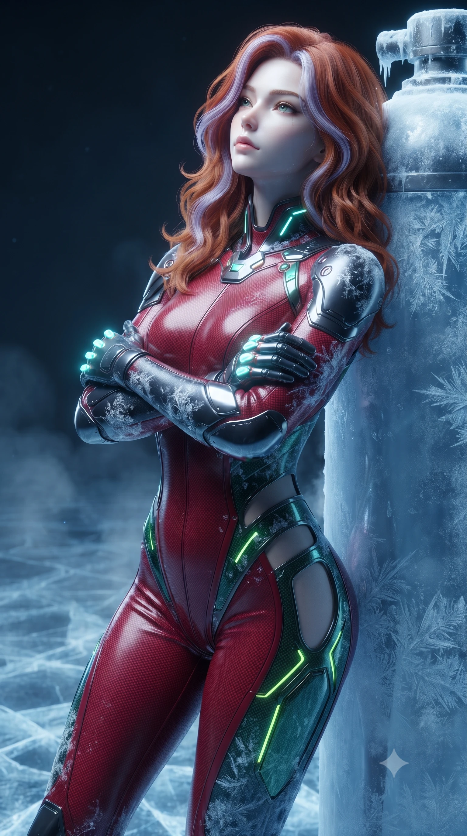 score_9, masterpiece, best quality, ultra-detailed, high-budget anime keyframe, editorial fashion photography, tasteful artistic composition, Caucasian woman. close-up cowboy shot from the waist and thighs up, the character dominates the composition, filling the frame with her large presence. tilting her head back with serene warrior composure, her sharp jawline and sculpted collarbones highlighted by glowing neon kinetic knuckles while resting against a frost-covered stasis cylinder with arms folded, casting a cool, smoldering gaze through ice vapor. The surrounding environment is rendered in vivid detail and crisp panoramic clarity. intricate ice fracture geometries on floor, razor-sharp frost patterns on carbon armor, and cryo-mist in deep focus. She has an exceptionally elegant, slender, and willowy female figure with an ultra-slim waist, a gracefully sculpted slender torso, toned flat midriff, and a refined slim silhouette. sharp v-shaped jawline, high-bridge nose, intricate jewel-like eyes with depth, thick eyelashes, glossy lips with a natural sheen, flawlessly proportioned anatomical accuracy, strict slender model proportions, natural body alignment, perfectly sculpted long slender limbs, ultra-slim waistline, clean dynamic posture without body distortion. wearing a skin-tight crimson carbon-weave battle-suit with metallic dark chrome elbow dampers and hip-accentuating cutouts in emerald green carbon composite with glowing lime laser channels, made of liquid carbon-jersey fabric adhering flawlessly to her sculpted silhouette, featuring a sleek aerodynamic collar framed by subtle glowing cybernetic status LEDs, the glove-like aerodynamic second-skin fit tightly clinging to her ultra-slender waist and athletic curves without adding bulk, accentuating her razor-sharp statuesque lines and slim hourglass silhouette. surrounded by a cool, lethal, and breathtakingly alluring frost-martial-goddess aura. ultra-reflective glossy finish, specular highlights, dark metallic sheen, high-contrast stereoscopic depth, volumetric dynamic lighting, 2k, ultra detail, master piece, 9:16 ratio