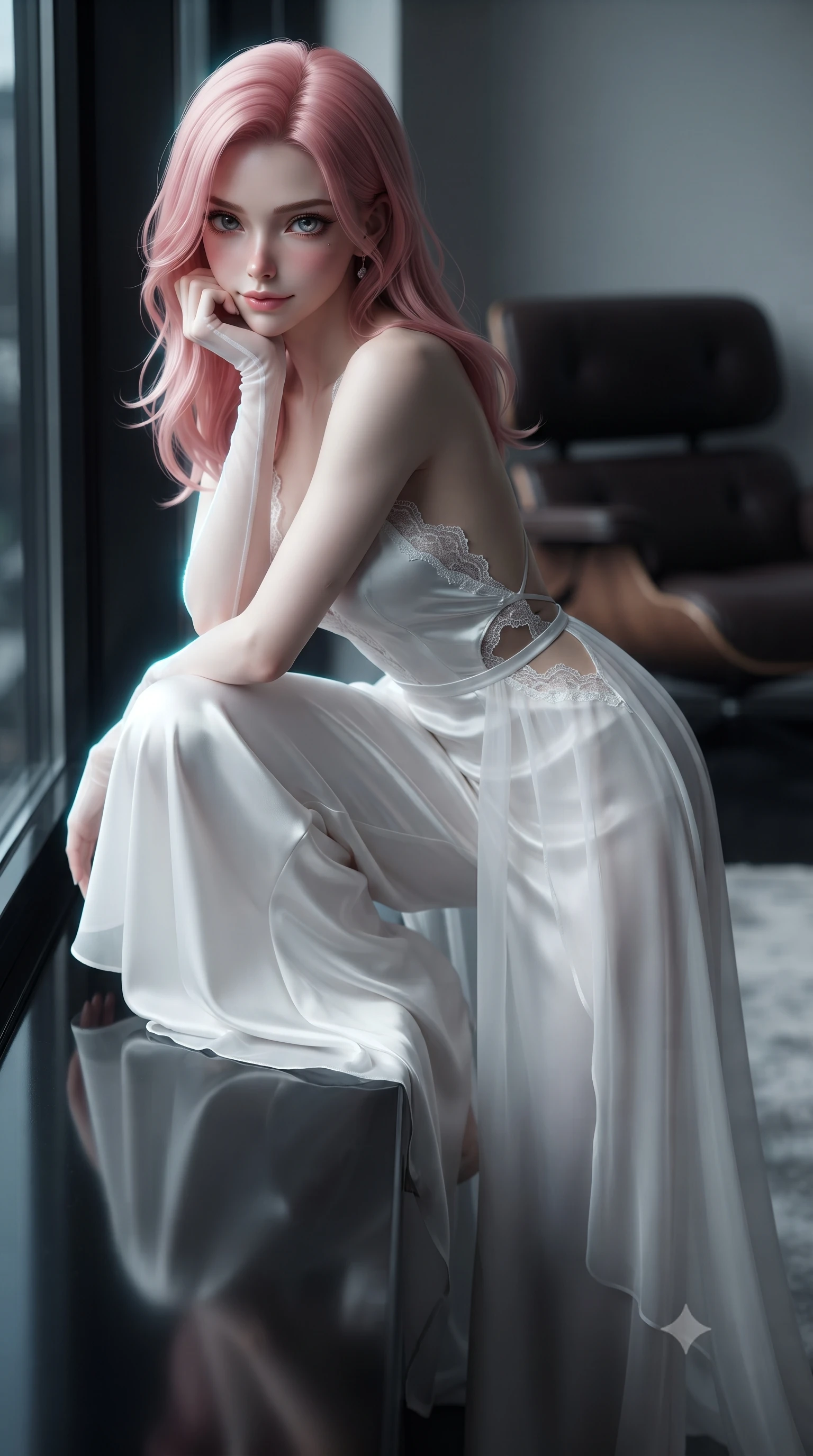 score_9, masterpiece, best quality, ultra-detailed, high-budget anime keyframe, editorial fashion photography, tasteful artistic composition, Japanese woman. close-up cowboy shot from the waist and thighs up, the character dominates the composition, filling the frame with her large presence. leaning forward while arching her lower back to accentuate her curvy hips, looking into the camera with an intoxicating smoldering gaze and bedroom-eyes while sitting perched on the wide black lacquer window sill with one knee drawn up, resting her chin on her hand with dangerous seductive cool. The background shows a soft-focus minimalist leather lounge chairs softened in moody cinematic metropolitan shallow focus. She has an exceptionally elegant, slender, and willowy female figure with an ultra-slim waist, flat toned midriff, narrow ribcage, and sculpted feminine hips creating an alluring, slim hourglass silhouette without bulk. sharp v-shaped jawline, high-bridge nose, sparkling eyes with hypnotic seductive depth, thick curled eyelashes, glossy parted lips with a natural dewy peach sheen, alluring bedroom-eyes with an enchanting coquettish smile, exuding magnetic siren charisma and sophisticated glamour, flawlessly proportioned anatomical accuracy, strict slender model proportions, natural body alignment, perfectly sculpted long slender limbs, ultra-slim waistline, clean dynamic posture without body distortion. wearing a backless plunge-front silk satin jumpsuit with fluid wide-leg silhouette and side hip cutouts in pure alabaster with iridescent mother-of-pearl sheen, made of sheer gossamer chiffon that drapes softly against skin with airy translucence, finished with scalloped eyelash lace trim framing her sweetheart neckline with intimate elegance, the glove-like clinging cut tightly following the natural contour of her hips and long slender legs with youthful 8.5-heads elegance. illuminated by lacquer sill reflection bounce and sharp electric-cyan rim lights defining her razor-sharp jawline, narrow waist, and curvy hips. ultra-reflective glossy finish, specular highlights, rich textural contrasts, high-contrast stereoscopic depth, volumetric dynamic lighting, 2k, ultra detail, master piece, 9:16 ratio