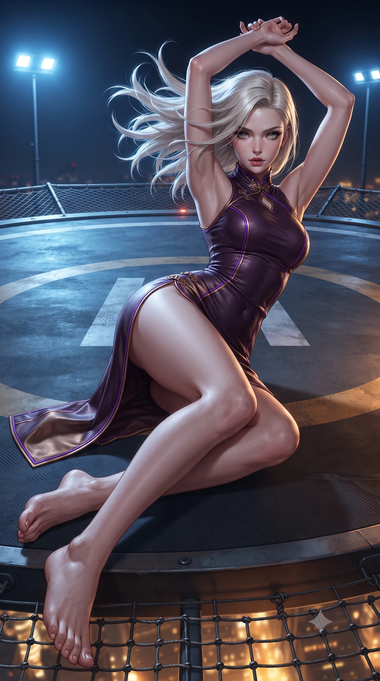 score_9, masterpiece, best quality, ultra-detailed, high-budget anime keyframe, editorial fashion photography, tasteful artistic composition, Caucasian woman. low angle full-body shot from head to toe showing her feet, filling the entire 9:16 vertical frame with her statuesque presence, stretching her vertical silhouette. reclining on her side in an elegant Cleopatra pose with one knee drawn up, the dramatic contour of her rounded hips and long slender legs commanding the 9:16 vertical frame while stretching her slender arms overhead as midnight wind whips her hair back, her perfectly proportioned tall 8.5-heads silhouette commanding the vertical frame. The surrounding environment is rendered in vivid detail and crisp panoramic clarity. sharp painted helipad circle markings, non-slip deck textures, and safety net steel cables in deep focus. She has an exceptionally tall and slender model-like 8.5-heads proportion, an ultra-slim waist, a flat toned midriff, narrow delicate ribcage, and beautifully sculpted feminine hips creating a graceful, slim hourglass silhouette without any bulky heaviness, with impossibly long slender legs. sharp v-shaped jawline, high-bridge nose, intricate jewel-like eyes with depth, thick eyelashes, glossy parted lips with a natural sheen, intensely captivating and seductive bedroom-eyes expression, flawlessly proportioned anatomical accuracy, strict slender model proportions, natural body alignment, perfectly sculpted long slender limbs, ultra-slim waistline, clean dynamic posture without body distortion. wearing a modernized cyber-qipao mini dress with an ultra-high side slit ascending to the hip and glowing piping in deep plum violet and antique bronze, crafted from second-skin supple lambskin leather with liquid drape, finished with criss-cross back satin straps highlighting her graceful shoulder blades, the second-skin form-contouring cut accentuating her sculpted flat midriff, narrow delicate ribcage, and gracefully curvy hips with supermodel precision. bathed in cool blue helipad floodlights and ambient golden metropolis glow from below. ultra-reflective glossy finish, specular highlights, rich textural contrasts, high-contrast stereoscopic depth, volumetric dynamic lighting, 2k, ultra detail, master piece, 9:16 ratio