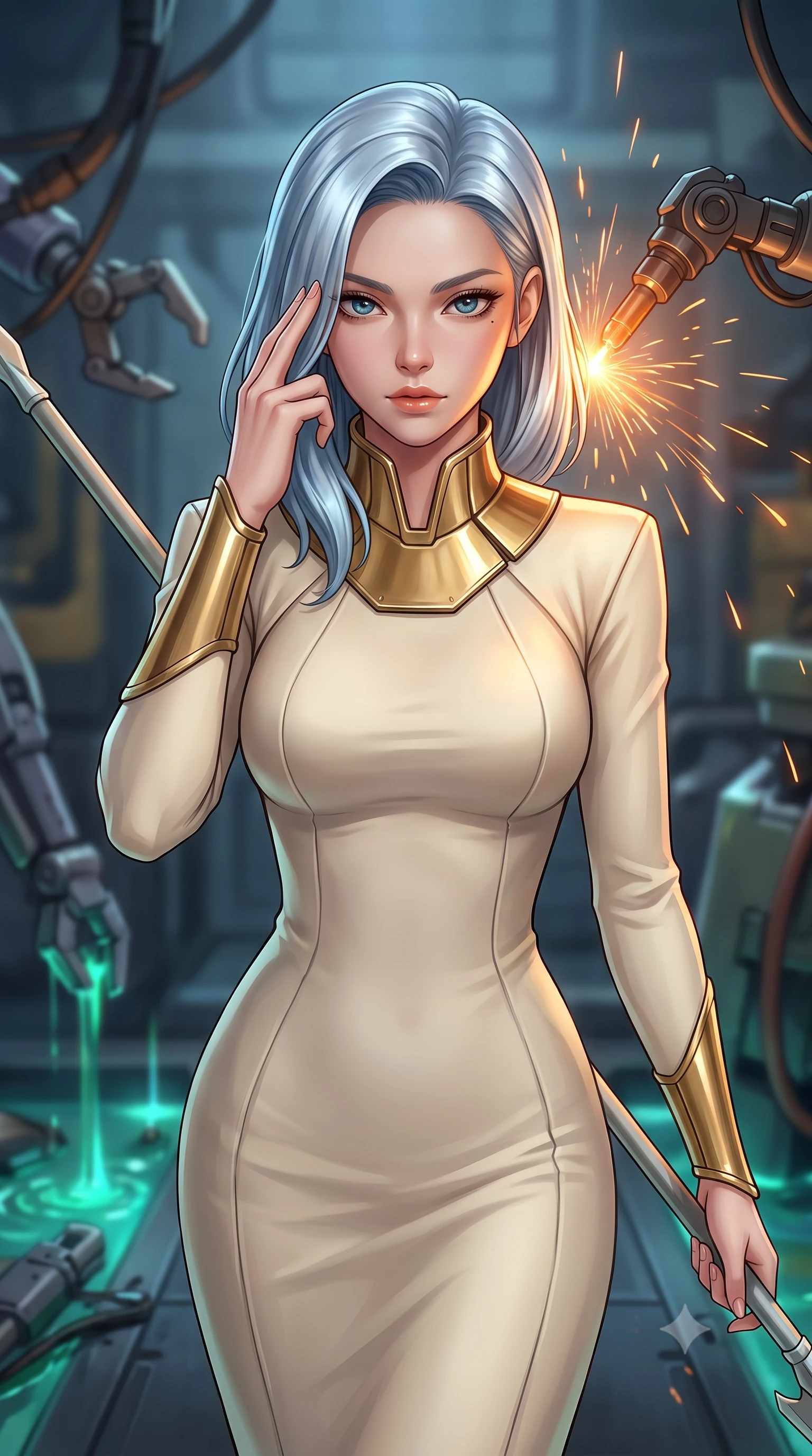 score_9, masterpiece, best quality, ultra-detailed, high-budget anime keyframe, editorial fashion photography, tasteful artistic composition, Korean woman. close-up cowboy shot from the waist and thighs up, the character dominates the composition, filling the frame with her large presence, background elements kept in soft focus. pressing two fingers to her temple while holding a light-spear diagonally behind her in a composed thoughtful gesture, the background shows a soft-focus a mech maintenance trench filled with tools and leaking synthetic hydraulic oil. She has an exceptionally elegant, slender, and willowy female figure with an ultra-slim waist, a gracefully sculpted slender torso, and a refined silhouette. sharp v-shaped jawline, high-bridge nose, intricate jewel-like eyes with depth, thick eyelashes, glossy lips with a natural sheen. wearing a form-contouring elegant stellar senator gown in heavy cream wool, featuring structured metallic gold collar guards and long sleeves. warm orange sparks flying from a robotic welding torch casting cozy shadows. highly saturated vibrant anime colors, detailed shading with soft gradients, rich glossy textures, high-contrast stereoscopic depth, volumetric dynamic lighting, master piece, 9:16 ratio