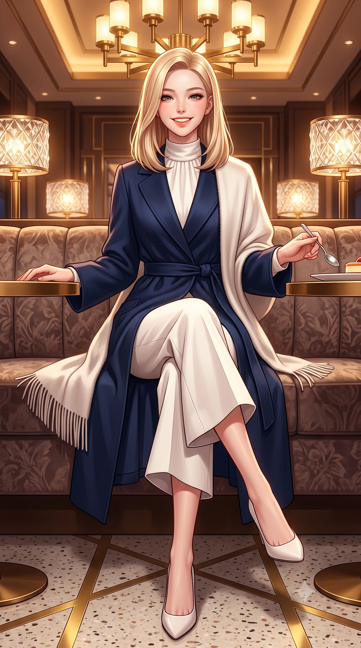 score_9, masterpiece, best quality, ultra-detailed, high-budget anime keyframe, semi-realistic 3D game render, editorial fashion photography, tasteful artistic composition, Korean woman. low angle full-body shot from head to toe showing her feet, filling the entire 9:16 vertical frame with her statuesque presence, stretching her vertical silhouette. sitting gracefully on the carved stone bench with legs crossed at the ankles, hands resting gently in her lap with noble poise while perched gracefully on the edge of the velvet banquette, holding a silver dessert spoon with playful, charming elegance. The surrounding environment is rendered in vivid detail and crisp panoramic clarity: sharp brass geometric inlay strips in terrazzo flooring, cut-crystal lamp shade facets, and velvet upholstery pile in deep focus. She has an exceptionally tall and slender model-like 8.5-heads proportion, an ultra-slim waist, a flat toned midriff, narrow delicate ribcage, and beautifully sculpted feminine hips creating a graceful, slim hourglass silhouette without any bulky heaviness, with impossibly long slender legs. sharp v-shaped jawline, high-bridge nose, intricate jewel-like sparkling eyes with depth, thick eyelashes, glossy parted lips with a natural peach sheen, bright cheerful beaming smile with an enchanting and coquettish sensual glint, exuding both youthful cute charm and seductive allure, flawlessly proportioned anatomical accuracy, strict slender model proportions, natural body alignment, perfectly sculpted long slender limbs, ultra-slim waistline, clean dynamic posture without body distortion. wearing a modern tailored silk-blend robe coat with minimalist sash belt layered over a high-neck blouse and wide culottes in French navy blue and crisp alabaster white, tailored from heavyweight double-faced wool with clean architectural edges, accented with a wide brushed cashmere fringe scarf draped elegantly over one shoulder, the structured cinched belt emphasizing her narrow waistline and gracefully balanced proportions with timeless haute-couture polish. bathed in warm 2900K incandescent amber illumination from authentic Art Deco brass chandeliers and table lamps. highly saturated vibrant anime colors, detailed shading with soft gradients, rich glossy textures, high-contrast stereoscopic depth, volumetric dynamic lighting, master piece, 9:16 ratio