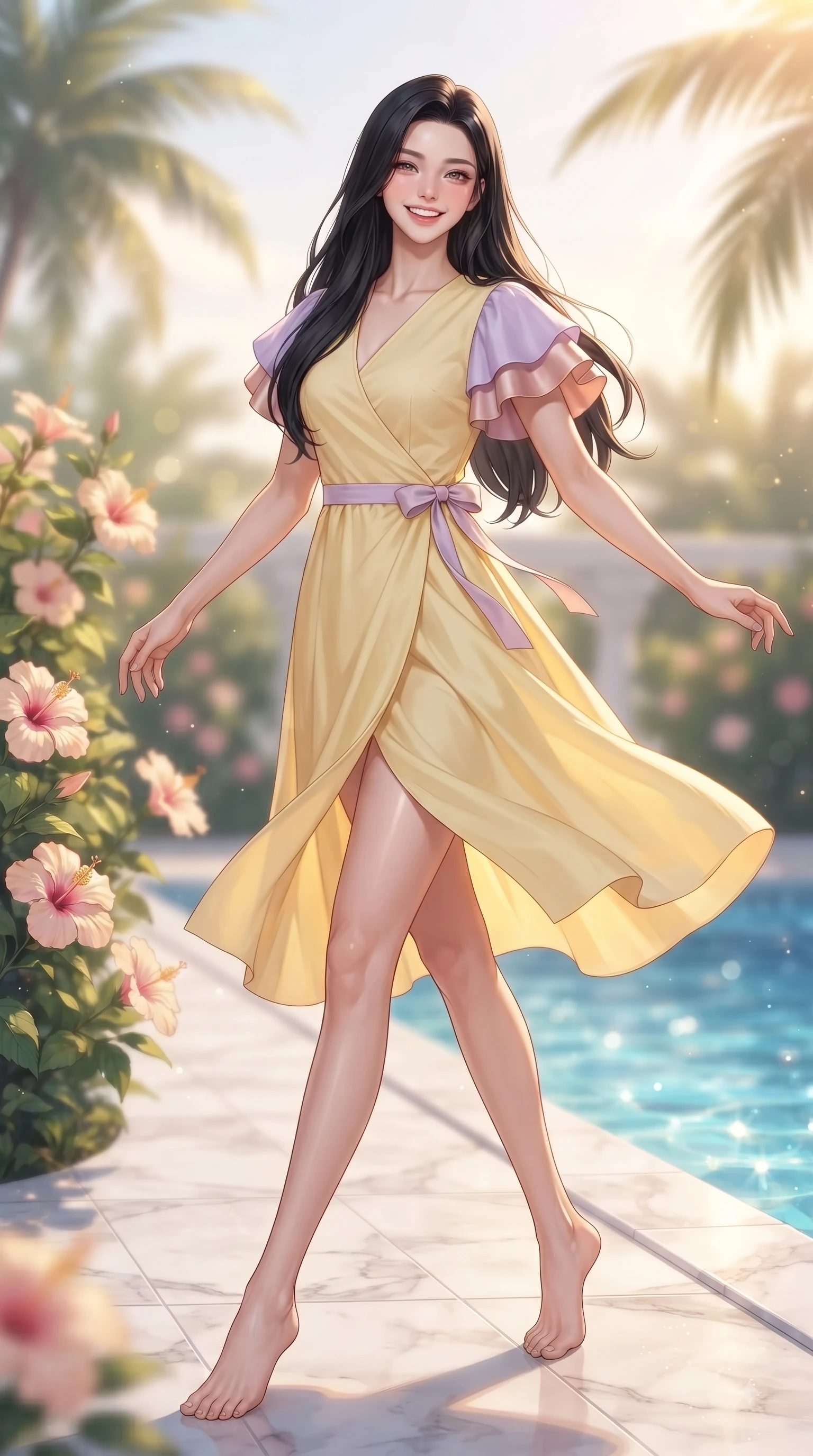 score_9, masterpiece, best quality, ultra-detailed, high-budget anime keyframe, editorial fashion photography, tasteful artistic composition, Korean woman. low angle full-body shot from head to toe showing her feet, filling the entire 9:16 vertical frame with her statuesque presence, stretching her vertical silhouette. performing a cheerful mid-motion turn with flawless poise, her radiant smile capturing fresh girlhood energy while stepping onto a marble garden walkway surrounded by blooming hibiscus flowers and clear blue water. The composition keeps background elements in soft focus with dreamy bokeh. sparkling pool water and palm fronds blurred into crisp, dreamy turquoise background bokeh. She has an absolutely perfect, statuesque 8.5-heads proportion, an exceptionally tall and slender model-like female figure with impossibly long slender legs and an ultra-slim waist. sharp v-shaped jawline, high-bridge nose, intricate jewel-like eyes with depth, thick eyelashes, glossy lips with a natural sheen, flawlessly proportioned anatomical accuracy, natural body alignment, perfectly sculpted elegant limbs, clean dynamic posture without body distortion. wearing an elegant butter-yellow wrap midi dress with subtle floral embroidery and flutter sleeves in pastel lilac and soft rose gold, tailored from crisp cotton poplin, accented with a dainty waist ribbon bow, the breezy lightweight fabric fluttering softly against her delicate frame. illuminated by warm golden afternoon sunbursts casting crisp highlights. ultra-reflective glossy finish, specular highlights, metallic sheen, high-contrast stereoscopic depth, volumetric dynamic lighting, 2k, ultra detail, master piece, 9:16 ratio