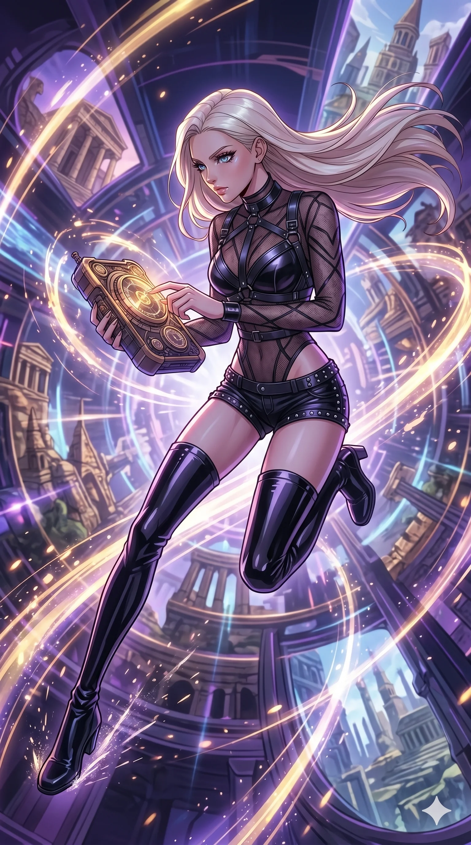 score_9, masterpiece, best quality, ultra-detailed, high-budget anime movie keyframe, cinematic anime lighting, intricate line art, Caucasian (strictly human ears) anime girl. Mid-air action shot capturing a graceful twist and vertical silhouette. adjusting the dials on a time-travel device that hums loudly. She has an absolutely perfect 8-heads proportion, an exceptionally tall and slender female figure with an ultra-slim waist and impossibly long slender legs. strictly human anatomy, two legs only, no extra limbs, clearly defined legs and arms, perfect anatomy, perfect hands and fingers. sharp v-shaped jawline, high-bridge nose, intricate jewel-like eyes, thick eyelashes, glossy lips. Wearing K-Idol Stage: Leather harness over mesh, high-cut bodysuit, studded micro-shorts, and thigh-high patent boots. The scene is illuminated by dramatic atmospheric lighting and vibrant color palettes. , 2k, ultra detail, master piece, 9:16 ratio