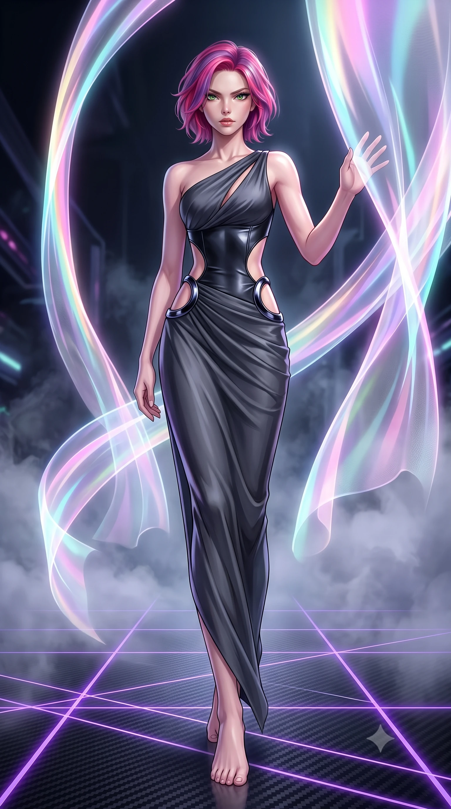 score_9, masterpiece, best quality, ultra-detailed, high-budget anime keyframe, editorial fashion photography, tasteful artistic composition, Caucasian woman. low angle full-body shot from head to toe showing her feet, filling the entire 9:16 vertical frame with her statuesque presence, stretching her vertical silhouette. forging confidently through the floating mist, holding a poised statuesque stance, poised on a dark carbon-fiber floor surrounded by glowing violet laser grid lines, holographic silk tapestries projecting vibrant pastel light arcs around her. She has an absolutely perfect, statuesque 8.5-heads proportion, an exceptionally tall and slender model-like female figure with impossibly long slender legs and an ultra-slim waist. sharp v-shaped jawline, high-bridge nose, intricate jewel-like eyes with depth, thick eyelashes, glossy lips with a natural sheen. wearing draped obsidian silk gown featuring tasteful waist slit cutouts in dark charcoal gray, made of polished black leather, accented with sculpted obsidian chrome rings at the waist, following her slender form with tailored precision. lit by intense digital key light piercing through deep cyber shadows. highly saturated vibrant anime colors, detailed shading with soft gradients, rich glossy textures, high-contrast stereoscopic depth, volumetric dynamic lighting, master piece, 9:16 ratio