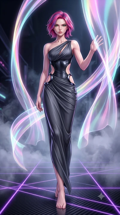 score_9, masterpiece, best quality, ultra-detailed, high-budget anime keyframe, editorial fashion photography, tasteful artistic composition, Caucasian woman. low angle full-body shot from head to toe showing her feet, filling the entire 9:16 vertica