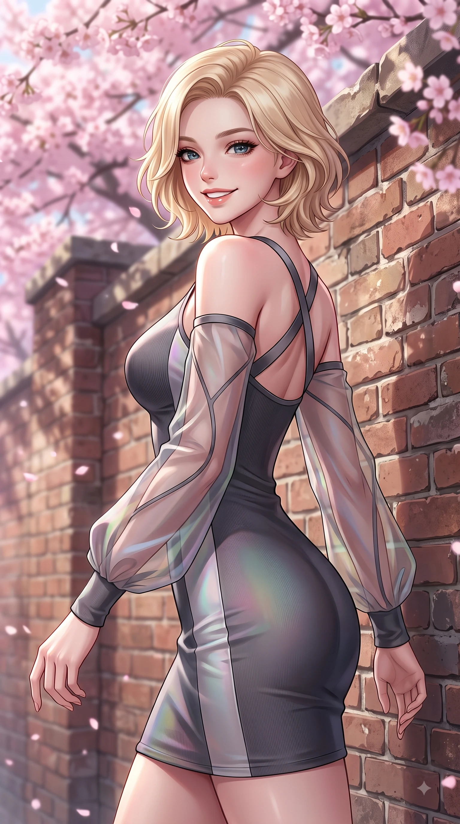 score_9, masterpiece, best quality, ultra-detailed, high-budget anime keyframe, editorial fashion photography, tasteful artistic composition, Caucasian woman. close-up cowboy shot from the waist and thighs up, the character dominates the composition, filling the frame with her large presence, background elements kept in soft focus. Gazing directly into the camera with a fresh, infectious smile as her torso curves dynamically in mid-stride while resting against an antique brick school wall covered in spring blossoms with a beaming face, dense canopies of pink cherry blossoms fluttering in a gentle spring morning breeze. She has an exceptionally elegant, slender, and willowy female figure with an ultra-slim waist, a gracefully sculpted slender torso, and a refined silhouette. sharp v-shaped jawline, high-bridge nose, intricate jewel-like eyes with depth, thick eyelashes, glossy lips with a natural sheen, flawlessly proportioned anatomical accuracy, natural body alignment, perfectly sculpted elegant limbs, clean dynamic posture without body distortion. wearing a sleek bodycon knit dress with strategic sheer organza sleeve panels in charcoal grey and platinum, crafted from iridescent chiffon that shifts colors in the light, complemented by criss-cross back straps highlighting her bare shoulders, the glove-like fit emphasizing her statuesque silhouette during motion. surrounded by a fresh, sweet, and nostalgic spring school atmosphere. highly saturated vibrant anime colors, detailed shading with soft gradients, rich glossy textures, high-contrast stereoscopic depth, volumetric dynamic lighting, master piece, 9:16 ratio