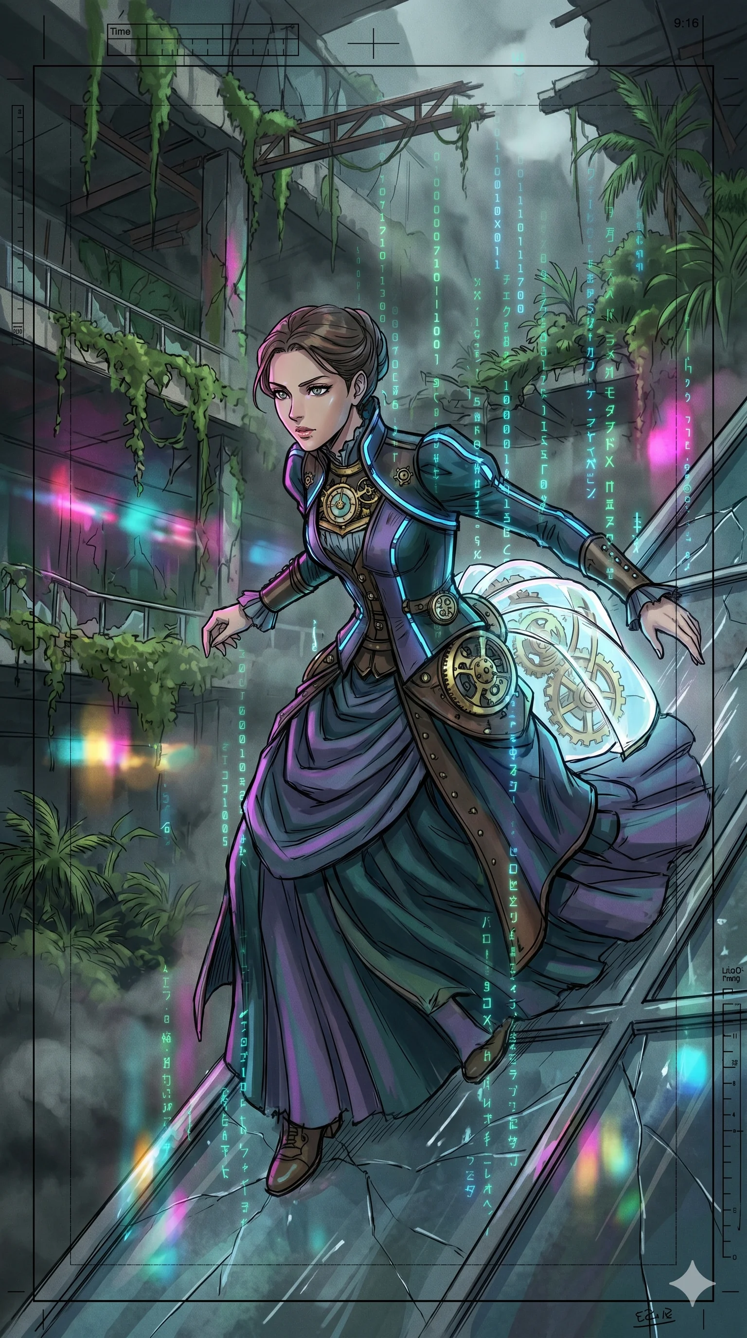 score_9, masterpiece, best quality, ultra-detailed, Set A: High-budget Anime Keyframe, Caucasian (human ears) woman. Upper body close-up from the thighs up, character filling the screen for maximum presence. Theme: Ethereal Dream. sliding down a glass skyscraper in a ruined overgrown shopping mall, as a digital rain of 87 symbols washes over her. The atmosphere is filled with heavy smog with neon flares. She has an absolutely perfect 8-heads proportion, an exceptionally tall and slender female figure with impossibly long slender legs and an ultra-slim waist. Sharp v-shaped jawline, high-bridge nose, intricate jewel-like eyes with depth, glossy lips. Wearing Victorian-future gown with a glowing bustle and integrated clockwork mechanisms. Cinematic lighting, vivid colors, dramatic shadows, 2k, ultra detail, master piece, 9:16 ratio