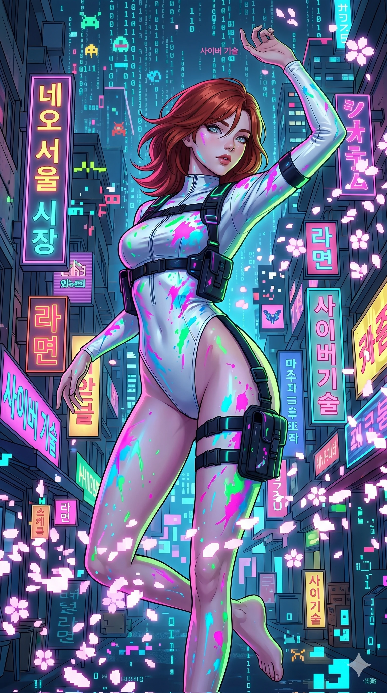 score_9, masterpiece, best quality, ultra-detailed, Set A: High-budget Anime Keyframe, Japanese woman. Upper body close-up from the thighs up, character filling the screen for maximum presence. Dancing through a neon-lit Neo-Seoul market, while a digital blizzard of 9 bits obscures the horizon and surrounded by digital sakura petals. She has an absolutely perfect 8-heads proportion, an exceptionally tall and slender female figure with impossibly long slender legs and an ultra-slim waist. Sharp v-shaped jawline, high-bridge nose, intricate jewel-like eyes with depth, thick eyelashes, glossy lips with a natural sheen. Wearing Neon-splattered white leather suit with high-cut legs and tactical harness. Cinematic lighting, vibrant colors, dramatic shadows, 2k, ultra detail, master piece, 9:16 ratio