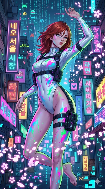score_9, masterpiece, best quality, ultra-detailed, Set A: High-budget Anime Keyframe, Japanese woman. Upper body close-up from the thighs up, character filling the screen for maximum presence. Dancing through a neon-lit Neo-Seoul market, while a dig