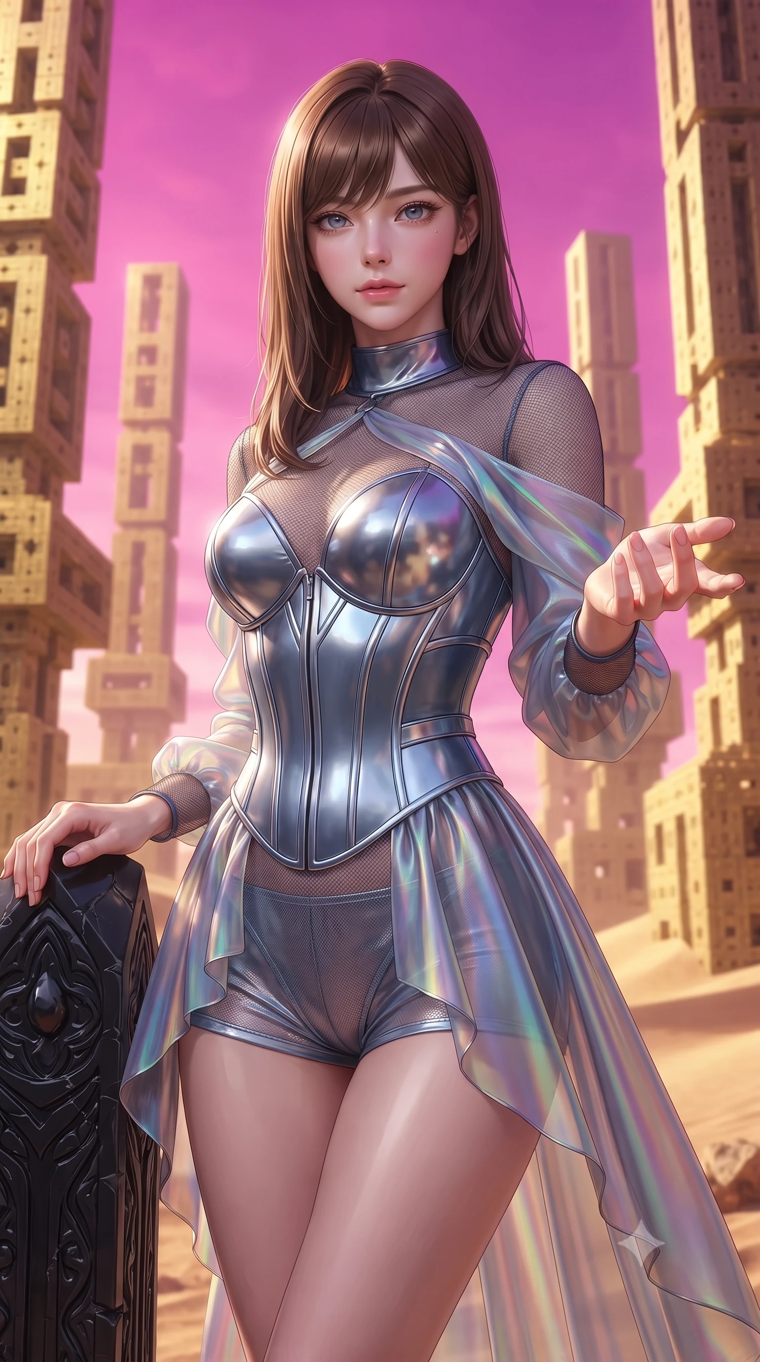 score_9, masterpiece, best quality, ultra-detailed, high-budget anime keyframe, editorial fashion photography, tasteful artistic composition, Korean woman. close-up cowboy shot from the waist and thighs up, the character dominates the composition, filling the frame with her large presence, background elements kept in soft focus. Reaching one hand gracefully toward the viewer with effortless superiority and allure resting on a carved obsidian monument in a surreal desert sanctuary, golden fractal geometric pillars rising majestically into a magenta sky. She has an exceptionally elegant, slender, and willowy female figure with an ultra-slim waist, a gracefully sculpted slender torso, and a refined silhouette. sharp v-shaped jawline, high-bridge nose, intricate jewel-like eyes with depth, thick eyelashes, glossy lips with a natural sheen. wearing a chrome-plated structured bodice worn over a sheer mesh top and micro-shorts in slate blue and metallic silver, crafted from iridescent chiffon that shifts colors in the light, accented with a Tasteful chest slit framing her clavicle gracefully, the form-contouring material highlighting her ultra-slim waist and long lines. bathed in radiant magenta and gold sky glow with sharp mineral speculars. ultra-reflective glossy finish, specular highlights, metallic sheen, high-contrast stereoscopic depth, volumetric dynamic lighting, 2k, ultra detail, master piece, 9:16 ratio