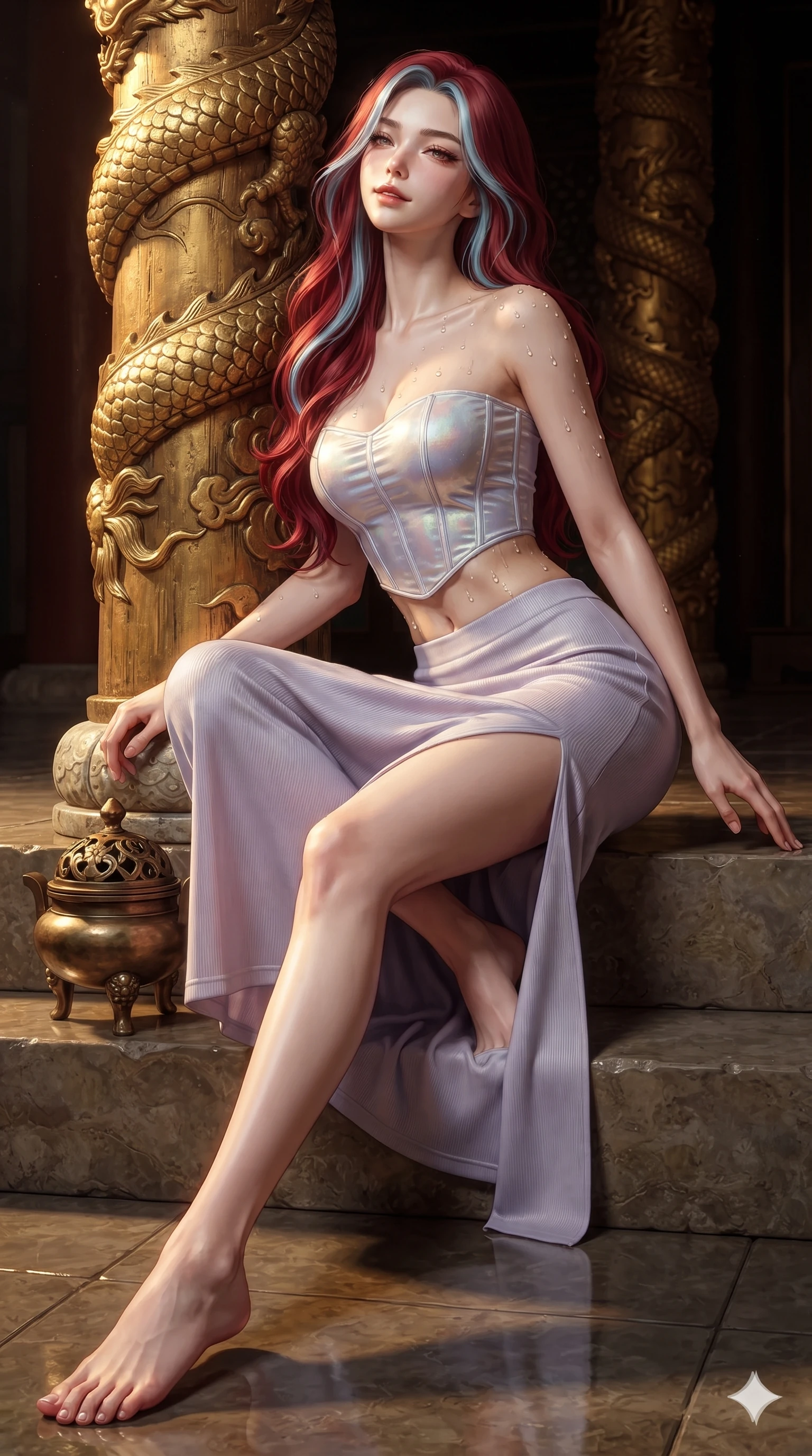 score_9, masterpiece, best quality, ultra-detailed, high-budget anime keyframe, editorial fashion photography, tasteful artistic composition, Caucasian woman. low angle full-body shot from head to toe showing her feet, filling the entire 9:16 vertical frame with her statuesque presence, stretching her vertical silhouette. sitting poised on the stone steps with one knee bent, arching her spine with supermodel elegance as she glances upward through thick eyelashes while leaning against the gilded wooden column with hips cocked back, looking through heavy-lidded bedroom-eyes with an intoxicating half-smile. The surrounding environment is rendered in vivid detail and crisp panoramic clarity: sharp bronze incense burner openwork lid, carved gilt wood dragon scales, and polished stone floor reflections in deep focus. She has an absolutely perfect, statuesque 8.5-heads proportion, an exceptionally tall and slender model-like female figure with impossibly long slender legs, an ultra-slim waist, a flat toned midriff, narrow delicate ribcage, and beautifully sculpted feminine hips creating a graceful, slim hourglass silhouette without any bulky heaviness. sharp v-shaped jawline, high-bridge nose, sparkling eyes with hypnotic seductive depth, thick curled eyelashes, glossy parted lips with a natural dewy peach sheen, alluring bedroom-eyes with an enchanting coquettish smile, exuding magnetic siren charisma and sophisticated glamour, flawlessly proportioned anatomical accuracy, strict slender model proportions, natural body alignment, perfectly sculpted long slender limbs, ultra-slim waistline, clean dynamic posture without body distortion. wearing a tailored silk velvet hanbok corset top paired with an ankle-length fluid chima skirt with a thigh-high slit in iridescent mother-of-pearl and misty lavender, tailored from fine ribbed modal knit with gentle elastic contouring and soft hand-feel, finished with glistening drops of night dew beading across her sculpted shoulders and flat midriff, the form-fitting cut adhering flawlessly to her sculpted flat midriff and slender torso, emphasizing her long leg lines and perfectly proportioned willowy build. illuminated by polished floor bounce and sharp amber-bronze rim lights defining her razor-sharp jawline, narrow waist, and curvy hips. ultra-reflective glossy finish, specular highlights, rich textural contrasts, high-contrast stereoscopic depth, volumetric dynamic lighting, 2k, ultra detail, master piece, 9:16 ratio