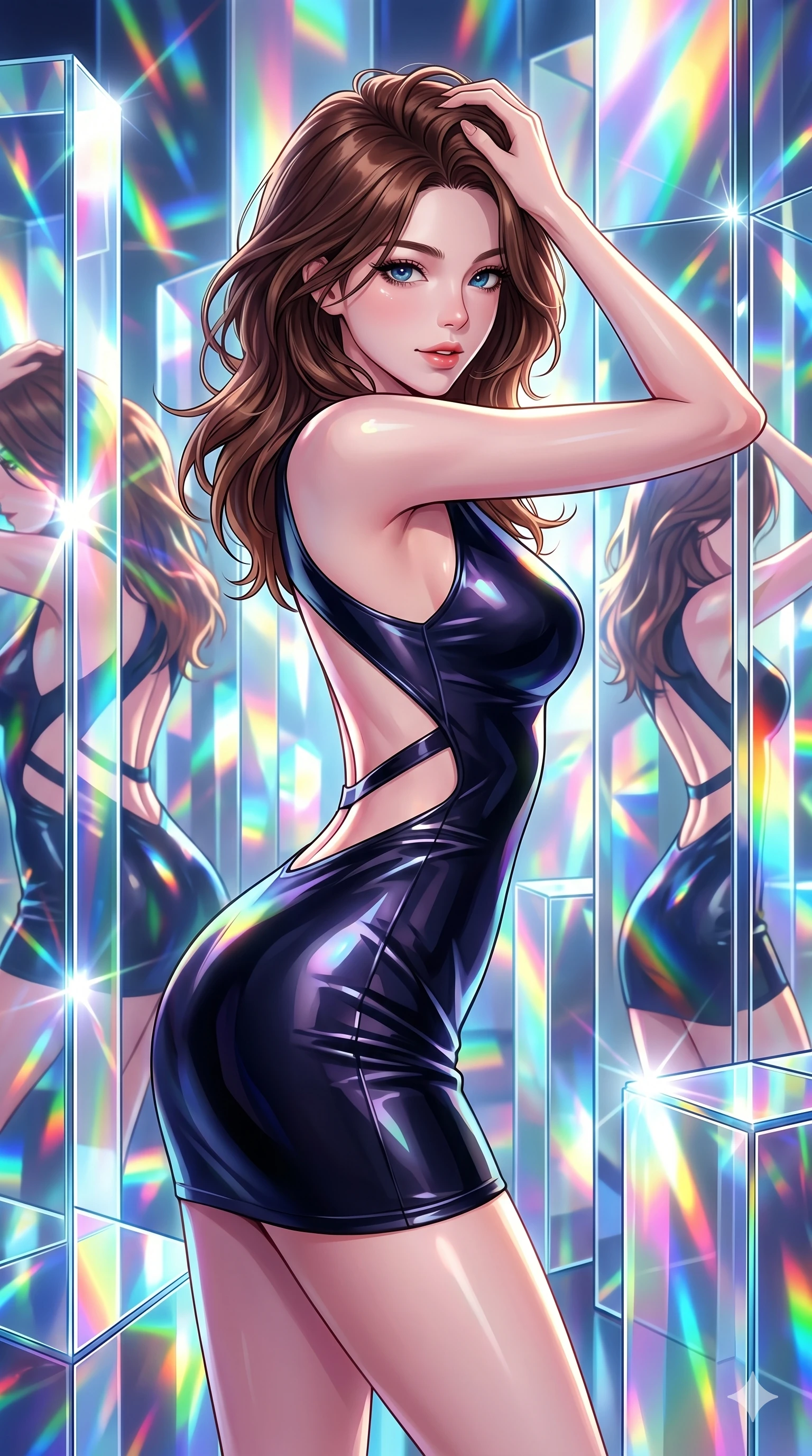score_9, masterpiece, best quality, ultra-detailed, high-budget anime keyframe, Korean woman. Upper body close-up from the thighs up, character filling the screen for maximum presence. She is bending sideways dynamically, reflecting in a maze of giant prismatic glass blocks that shower bright spectrums of light. She runs a hand through her hair with a playful, teasing expression. She has an absolutely perfect 8-heads proportion, an exceptionally tall and slender female figure with impossibly long slender legs and an ultra-slim waist. V-shaped jawline, high-bridge nose, intricate jewel-like eyes with depth, thick eyelashes, glossy lips with a natural sheen. She is wearing a second-skin fashion-latex mini dress with a clean architectural front, featuring an open-back design that wraps around the sides of her waist, showcasing her slender silhouette. The scene is drenched in blindingly bright rainbow prismatic spotlights with sharp specular highlights. 2k, ultra detail, master piece, 9:16 ratio
