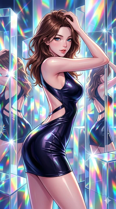 score_9, masterpiece, best quality, ultra-detailed, high-budget anime keyframe, Korean woman. Upper body close-up from the thighs up, character filling the screen for maximum presence. She is bending sideways dynamically, reflecting in a maze of gian