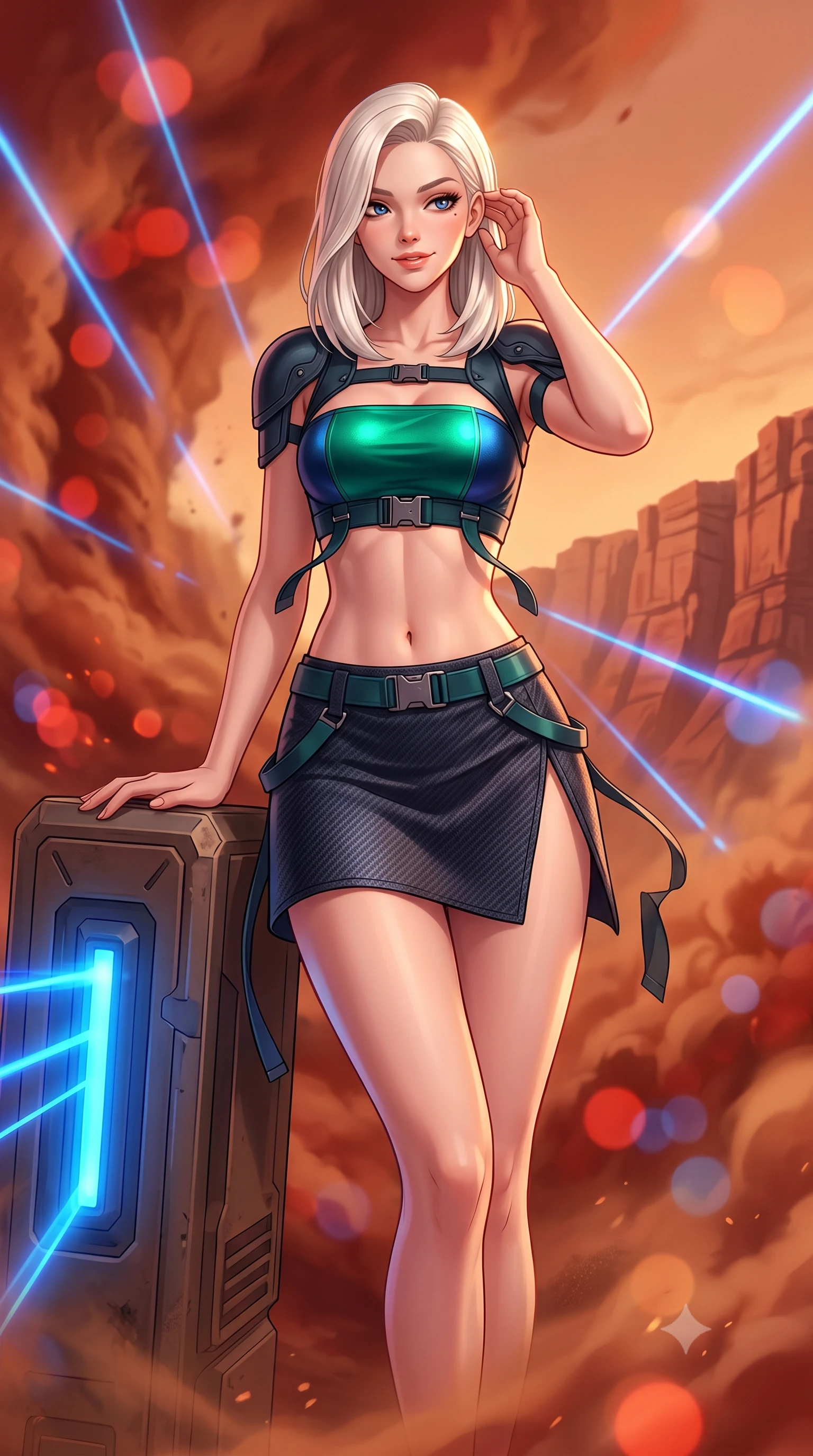 score_9, masterpiece, best quality, ultra-detailed, high-budget anime keyframe, semi-realistic 3D game render, editorial fashion photography, tasteful artistic composition, Caucasian woman. close-up cowboy shot from the waist and thighs up, the character dominates the composition, filling the frame with her large presence. gently brushing a lock of hair behind her ear while casting a playful, flirtatious side-gaze with long eyelashes while leaning against the heavy terraforming conduit with hips cocked back, watching blue atmospheric ionization lasers pierce red dust storms with smoldering bedroom-eyes. The background shows a soft-focus swirling red and ochre Martian dust clouds, towering canyon cliff strata, and giant blue atmospheric laser beams blurred into terracotta, crimson, and cobalt bokeh. She has an exceptionally elegant, slender, and willowy female figure with an ultra-slim waist, flat toned midriff, narrow ribcage, and sculpted feminine hips creating an alluring, slim hourglass silhouette without bulk. sharp v-shaped jawline, high-bridge nose, intricate jewel-like sparkling eyes with depth, thick eyelashes, glossy parted lips with a natural peach sheen, bright cheerful beaming smile with an enchanting and coquettish sensual glint, exuding both youthful cute charm and seductive allure, flawlessly proportioned anatomical accuracy, strict slender model proportions, natural body alignment, perfectly sculpted long slender limbs, ultra-slim waistline, clean dynamic posture without body distortion. wearing an ultra-cropped tactical tech-wear bandeau top with molded shoulder armor paired with a micro mini skirt revealing her flat toned midriff in bioluminescent emerald and abyssal sapphire, woven from structured carbon-fiber jacquard with rich textural depth, finished with sleek magnetic buckle closures fluttering in the breeze, the high-slit wrap tailoring accentuating her ultra-slim waistline and the enchanting curve of her feminine hips with alluring seductive charm. bathed in rich 2000K warm terracotta sunset glow contrasted with brilliant electric-blue ionization laser conduits. highly saturated vibrant anime colors, detailed shading with soft gradients, rich glossy textures, high-contrast stereoscopic depth, volumetric dynamic lighting, master piece, 9:16 ratio
