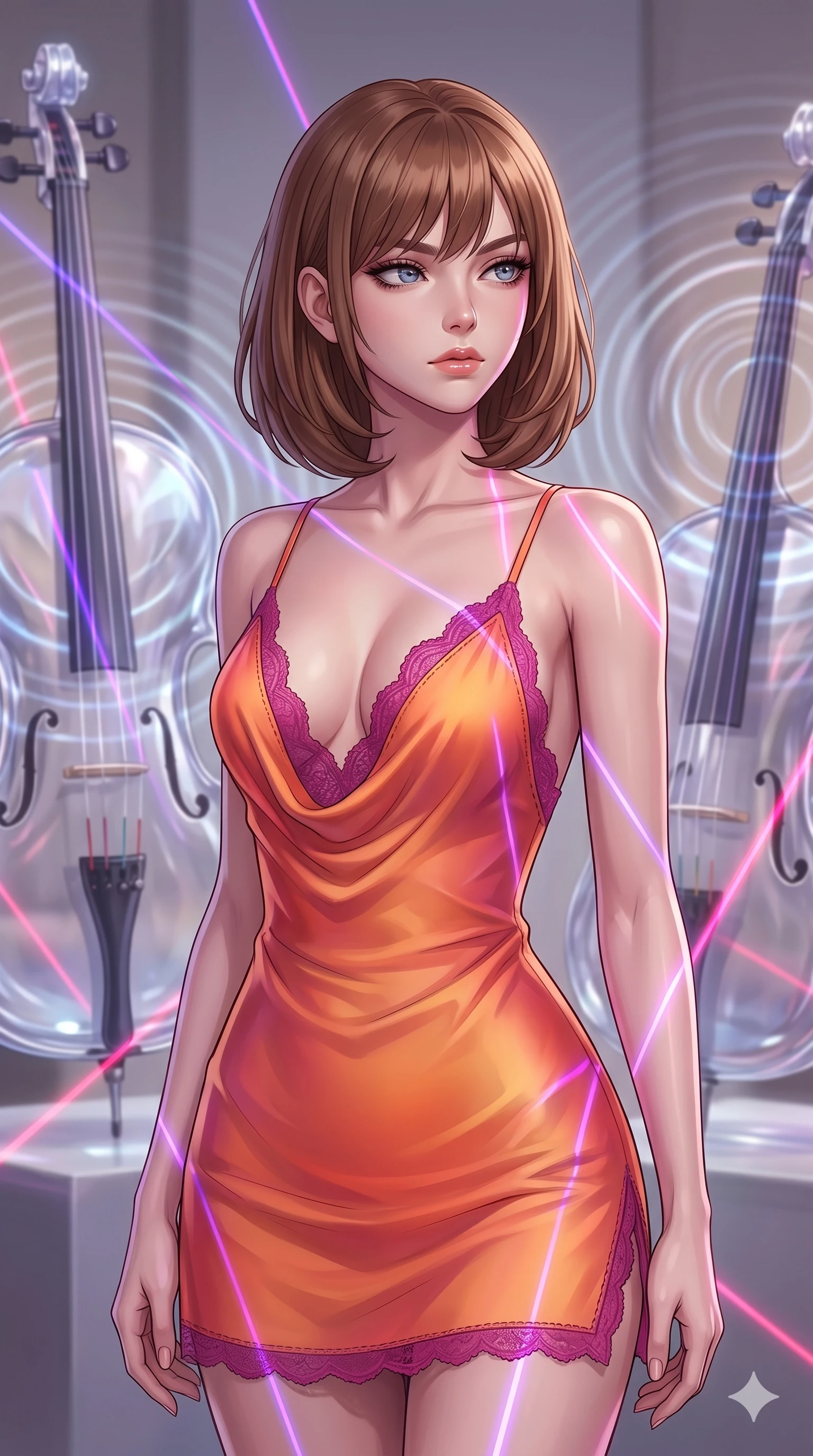 score_9, masterpiece, best quality, ultra-detailed, high-budget anime keyframe, editorial fashion photography, tasteful artistic composition, Caucasian woman, strictly human ears. close-up cowboy shot from the waist and thighs up, the character dominates the composition, filling the frame with her large presence, background elements kept in soft focus. Gazing past the camera with an air of effortless superiority. set against a soft-focus background of a gallery of enormous crystal glass instruments that play themselves by resonating with invisible energy sending visible concentric sound ripples expanding through the air like rings on water. She has an exceptionally elegant and slender, willowy female figure with an ultra-slim waist, a gracefully sculpted slender torso, and a refined slim physique. sharp v-shaped jawline, high-bridge nose, intricate jewel-like eyes with depth, thick eyelashes, glossy lips with a natural sheen. wearing a gossamer-thin silk slip dress in a sunset orange gradient, detailed with magenta lace-trimmed edges and a deep cowl neckline. laser lines of violet and hot pink reflecting off surfaces casting geometric neon highlights. 2k, ultra detail, master piece, 9:16 ratio