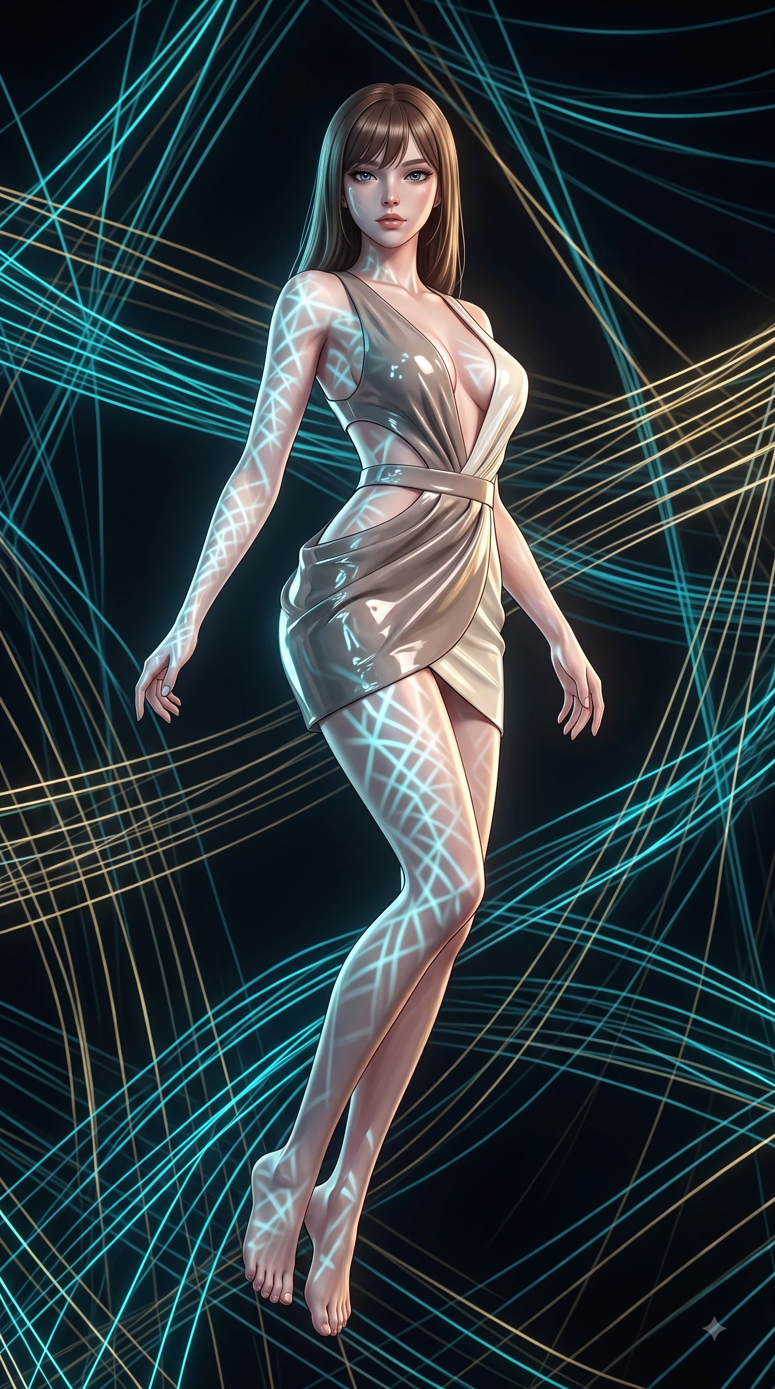 score_9, masterpiece, best quality, ultra-detailed, high-budget anime keyframe, editorial fashion photography, tasteful artistic composition, Korean woman. low angle full-body shot from head to toe showing her feet, filling the entire 9:16 vertical frame with her statuesque presence, stretching her vertical silhouette. pivoting dynamically in zero-gravity with fluid S-curve alignment, displaying her perfect model proportions while standing in a dark void woven with thousands of cyan and gold light threads in a seductive pose, intricate geometric lattice patterns of light projected onto her skin and clothing. She has an absolutely perfect, statuesque 8.5-heads proportion, an exceptionally tall and slender model-like female figure with impossibly long slender legs and an ultra-slim waist. sharp v-shaped jawline, high-bridge nose, intricate jewel-like eyes with depth, thick eyelashes, glossy lips with a natural sheen, flawlessly proportioned anatomical accuracy, natural body alignment, perfectly sculpted elegant limbs, clean dynamic posture without body distortion. wearing a liquid mercury gloss mini dress with ultra-deep V-neck and waist cutouts in muted taupe and soft ivory, tailored from high-gloss patent leather, featuring clean architectural cutouts along her slender torso, the elegant draped fit framing her graceful clavicle and slender torso. bathed in sharp geometric laser grid highlights and soft ambient fill. ultra-reflective glossy finish, specular highlights, metallic sheen, high-contrast stereoscopic depth, volumetric dynamic lighting, 2k, ultra detail, master piece, 9:16 ratio