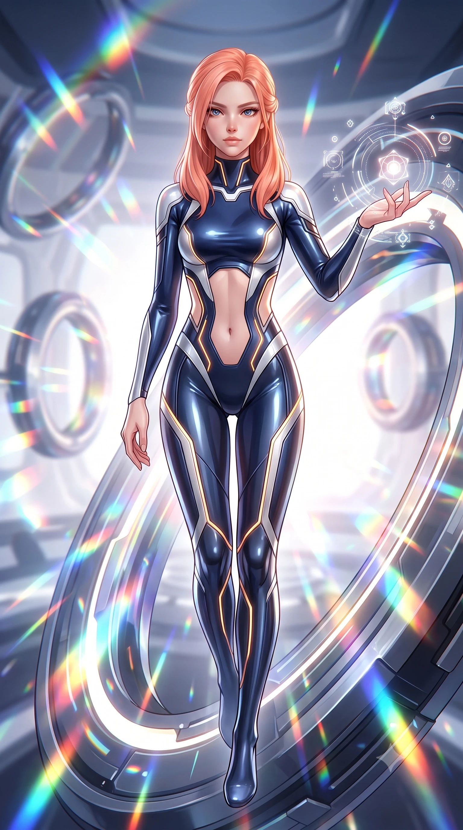 score_9, masterpiece, best quality, ultra-detailed, high-budget anime keyframe, editorial fashion photography, tasteful artistic composition, Japanese woman. close-up cowboy shot from the waist and thighs up, the character dominates the composition, filling the frame with her large presence. extending one arm gracefully as floating holographic glyphs and nano-crystals orbit her fingertips with sovereign power while floating in zero-gravity at the core of a starship warp engine as gigantic rotating magnetic rings emit dazzling prism light. The composition keeps background elements in soft focus with creamy bokeh. rotating magnetic containment rings and starship bridge architecture softened in smooth depth of field. She has an exceptionally elegant, slender, and willowy female figure with an ultra-slim waist, a gracefully sculpted slender torso, toned flat midriff, and a refined slim silhouette. sharp v-shaped jawline, high-bridge nose, intricate jewel-like eyes with depth, thick eyelashes, glossy lips with a natural sheen, flawlessly proportioned anatomical accuracy, strict slender model proportions, natural body alignment, perfectly sculpted long slender limbs, ultra-slim waistline, clean dynamic posture without body distortion. wearing a statuesque midnight cobalt and polished platinum bodysuit featuring sleek aerodynamic contour lines and glowing circuit accents in high-contrast monochrome white enamel and glowing amber lines, tailored from semi-translucent cybernetic vinyl with glowing micro-filaments, complemented by criss-cross back straps highlighting her completely bare spine, the precision-cut daring openings accentuating her delicate midriff, graceful bare collarbones, and ultra-slim feminine waistline. bathed in brilliant white-hot warp core radiance and saturated rainbow particle prism refractions. ultra-reflective glossy finish, specular highlights, dark metallic sheen, high-contrast stereoscopic depth, volumetric dynamic lighting, 2k, ultra detail, master piece, 9:16 ratio