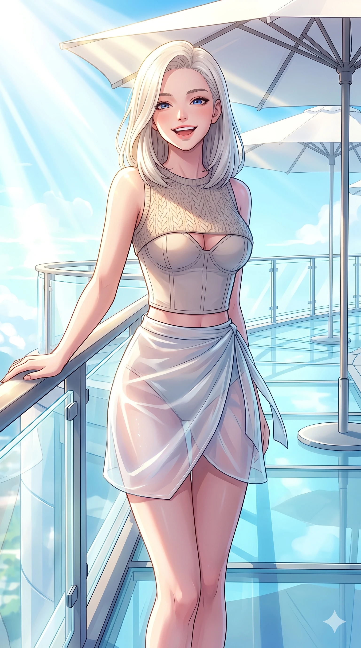 score_9, masterpiece, best quality, ultra-detailed, high-budget anime keyframe, vibrant anime aesthetic, Caucasian woman, strictly human ears. cowboy shot from the thighs up, character and outfit filling the frame for maximum presence. She is leaning on a balcony railing, looking at the viewer with a bright, joyful winter smile standing on a glass observation deck in the winter sun (Code-P21-139). She has an absolutely perfect 8-heads proportion, an exceptionally tall and slender female figure with impossibly long slender legs and an ultra-slim waist. V-shaped jawline, high-bridge nose, intricate jewel-like eyes with depth, thick eyelashes, glossy lips with a natural sheen. wearing a patterned textured knit-inspired crop top over a structured bodice, paired with a translucent wrap skirt in winter. She is surrounded by bright sunbeams reflecting off white umbrellas, creating a luminous winter glow. 2k, ultra detail, master piece, 9:16 ratio