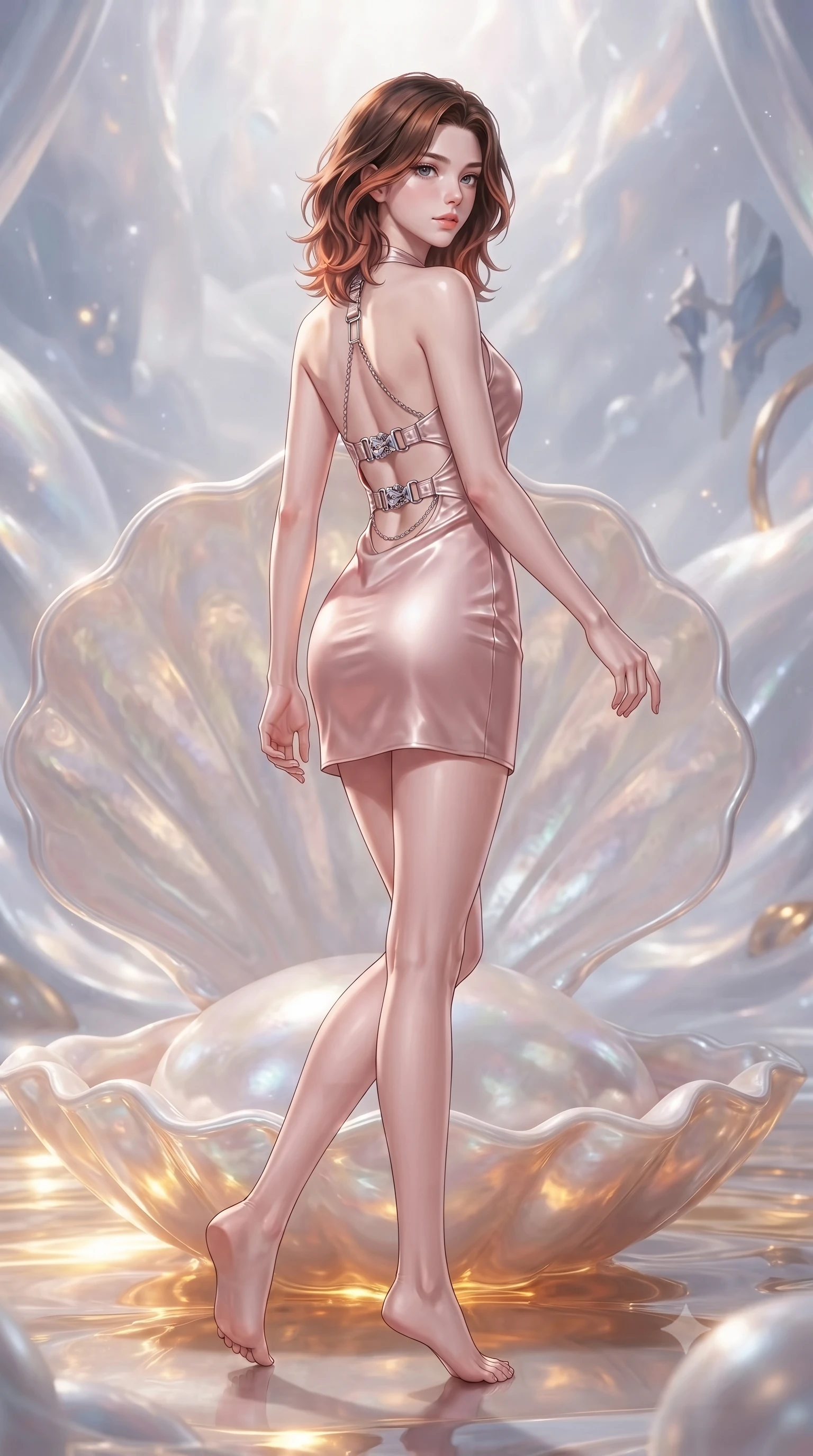score_9, masterpiece, best quality, ultra-detailed, high-budget anime keyframe, editorial fashion photography, tasteful artistic composition, Korean woman. low angle full-body shot from head to toe showing her feet, filling the entire 9:16 vertical frame with her statuesque presence, stretching her vertical silhouette. navigating the celestial sanctuary with an effortless, graceful stride, poised on a pearl shell throne illuminated by warm liquid gold reflections, statuesque model pose with refined luxury details. She has an absolutely perfect, statuesque 8.5-heads proportion, an exceptionally tall and slender model-like female figure with impossibly long slender legs and an ultra-slim waist. sharp v-shaped jawline, high-bridge nose, intricate jewel-like eyes with depth, thick eyelashes, glossy lips with a natural sheen. wearing backless liquid vinyl mini slip dress with bare shoulder halter neckline in soft blush pink, made of soft rose-gold satin, framed by polished silver buckles and delicate chain details, highlighting her statuesque proportions and ultra-slim waistline. lit by clear golden key light casting soft graceful shadows. ultra-reflective glossy finish, specular highlights, metallic sheen, high-contrast stereoscopic depth, volumetric dynamic lighting, 2k, ultra detail, master piece, 9:16 ratio