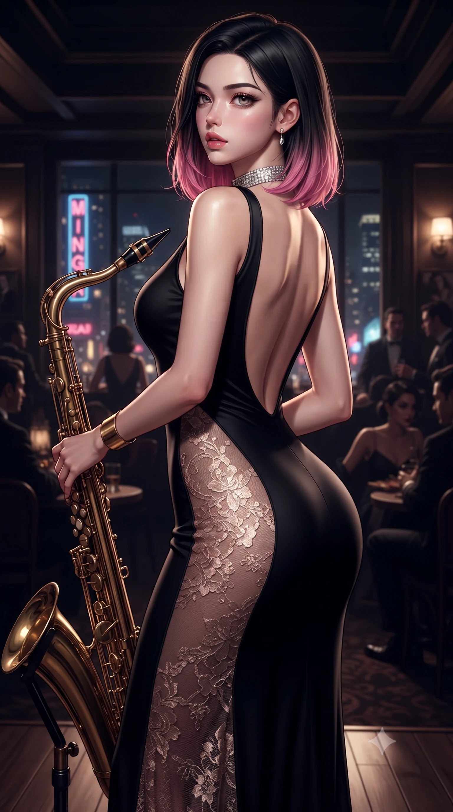 score_9, masterpiece, best quality, ultra-detailed, high-budget anime keyframe, editorial fashion photography, tasteful artistic composition, Korean woman. close-up cowboy shot from the waist and thighs up, the character dominates the composition, filling the frame with her large presence. twisting her slender torso in a deep contrapposto stance, hips dramatically shifted to accentuate her feminine curves while looking past her shoulder with smoldering bedroom-eyes while standing poised beside the brass saxophone stand, hips dramatically shifted in an alluring contrapposto stance as midnight city neon glints on her dress. The surrounding environment is rendered in vivid detail and crisp panoramic clarity. rich high-contrast neo-noir chiaroscuro and sophisticated jazz-club romance aesthetics in precision. She has an exceptionally elegant, slender, and willowy female figure with an ultra-slim waist, a gracefully sculpted slender torso, toned flat midriff, and rounded feminine hips creating an alluring hourglass silhouette. sharp v-shaped jawline, high-bridge nose, intricate jewel-like eyes with depth, thick eyelashes, glossy parted lips with a natural sheen, intensely captivating and seductive bedroom-eyes expression, flawlessly proportioned anatomical accuracy, strict slender model proportions, natural body alignment, perfectly sculpted long slender limbs, ultra-slim waistline, clean dynamic posture without body distortion. wearing a second-skin black silk jersey maxi dress with asymmetrical sheer mesh side panels tracing the full curve of her hip in dusky blush rose and champagne shimmer, formed from shimmering floral lace over smooth opaque silk lining, complemented by a bold diamond choker and minimalist gold cuffs, the dramatically scooped open back descending to the base of her spine, accentuating her razor-sharp statuesque lines and curvy hourglass silhouette. illuminated by sleek metallic reflections sculpting her sculpted collarbones, ultra-slim waist, and curvy hips. ultra-reflective glossy finish, specular highlights, rich textural contrasts, high-contrast stereoscopic depth, volumetric dynamic lighting, 2k, ultra detail, master piece, 9:16 ratio