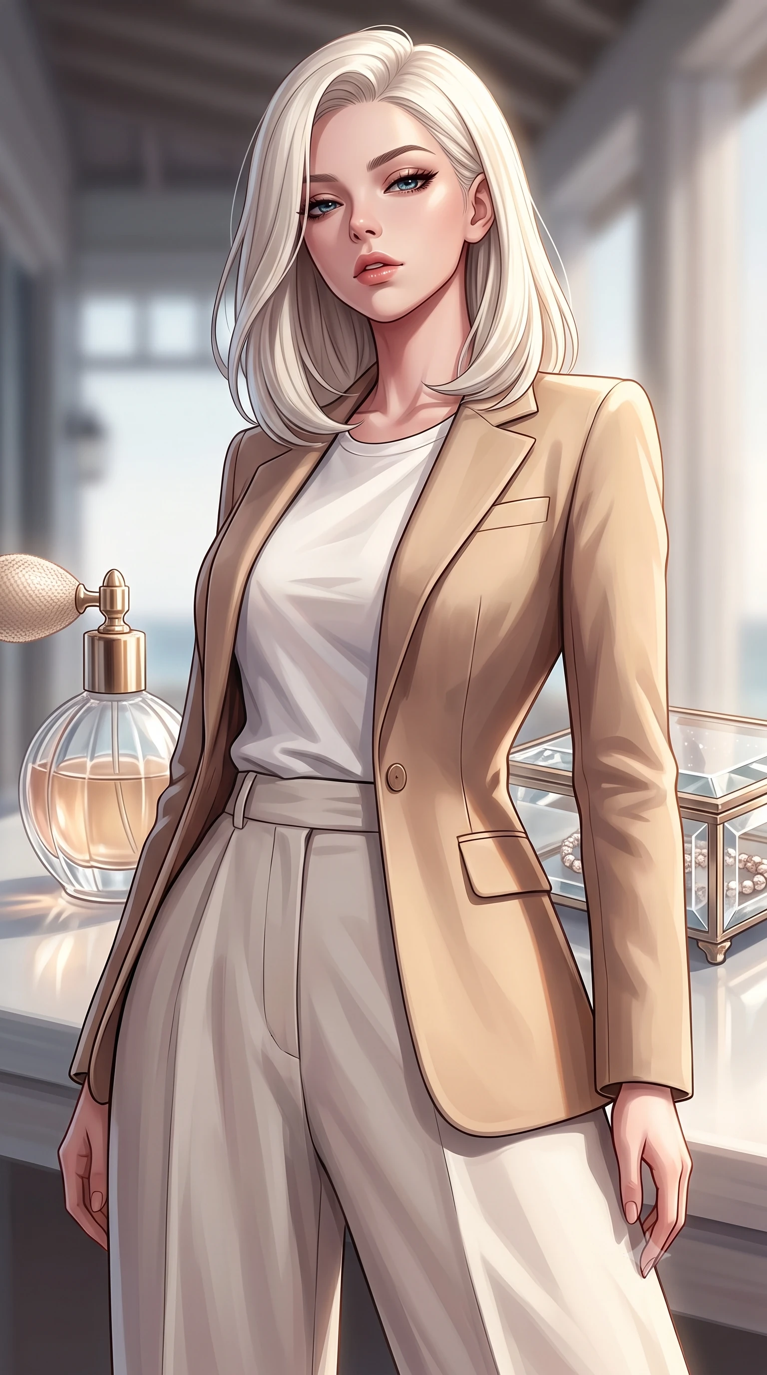 score_9, masterpiece, best quality, ultra-detailed, high-budget anime keyframe, editorial fashion photography, tasteful artistic composition, Caucasian woman. close-up cowboy shot from the waist and thighs up, the character dominates the composition, filling the frame with her large presence, background elements kept in soft focus. looking down at the viewer beneath lowered lashes with a quiet, smoldering confidence and parted lips set against a soft-focus background of inside an exclusive coastal veranda with a vintage perfume atomizer and crystal jewelry box reflecting soft light. She has an exceptionally elegant, slender, and willowy female figure with an ultra-slim waist, a gracefully sculpted slender torso, and a refined silhouette. sharp v-shaped jawline, high-bridge nose, intricate jewel-like eyes with depth, thick eyelashes, glossy lips with a natural sheen. wearing form-contouring warm beige soft linen tailored casual blazer paired with a loose tee and wide-leg trousers featuring refined tailored seams. accented by a single dramatic key light highlighting her statuesque posture and slim waist. highly saturated vibrant anime colors, detailed shading with soft gradients, rich glossy textures, high-contrast stereoscopic depth, volumetric dynamic lighting, master piece, 9:16 ratio